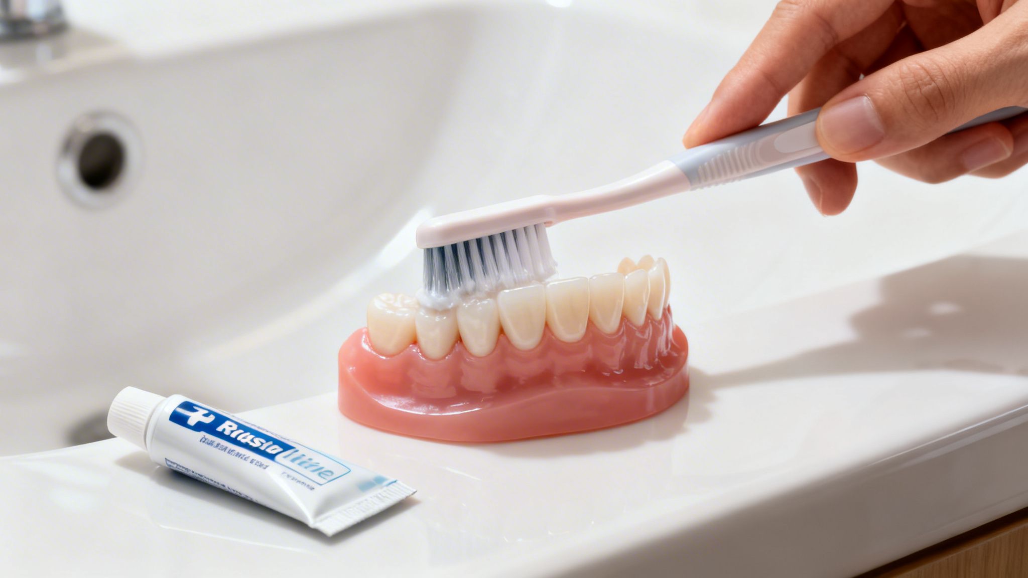 A hand brushes a set of dental veneers with toothpaste and a toothbrush over a sink.