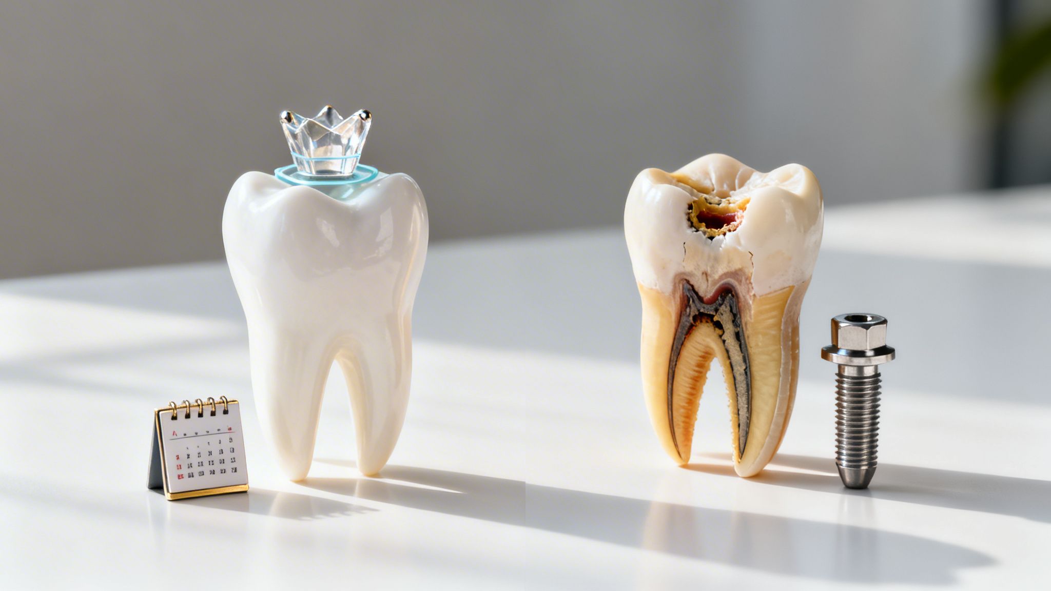 Two tooth models: a healthy tooth with a crown, and a decayed tooth with an exposed root canal and a dental implant screw.