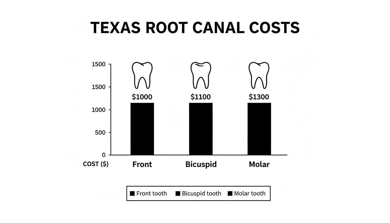 Bar chart illustrating Texas root canal costs for front, bicuspid, and molar teeth.