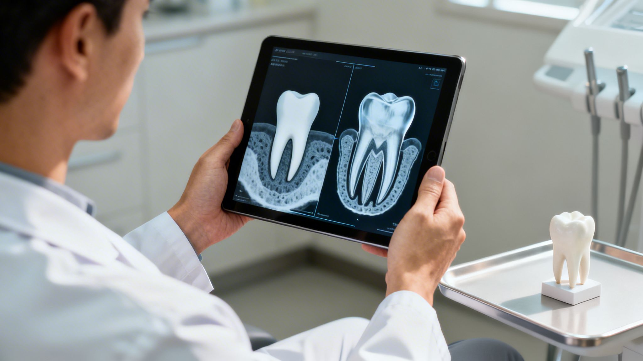 A dentist reviews a tablet displaying tooth X-rays and root canal diagrams in a clinic.