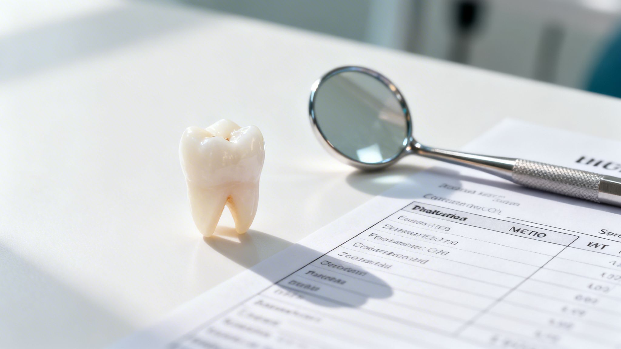 A dental model tooth and a dental mirror resting on a medical document on a white surface.