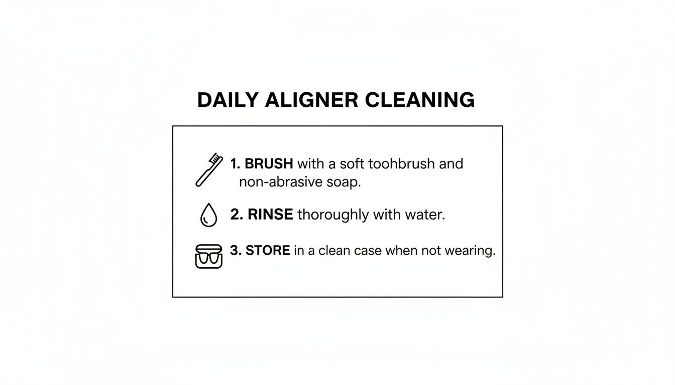 Visual instructions for daily aligner cleaning: brush, rinse with water, and store in a clean case.