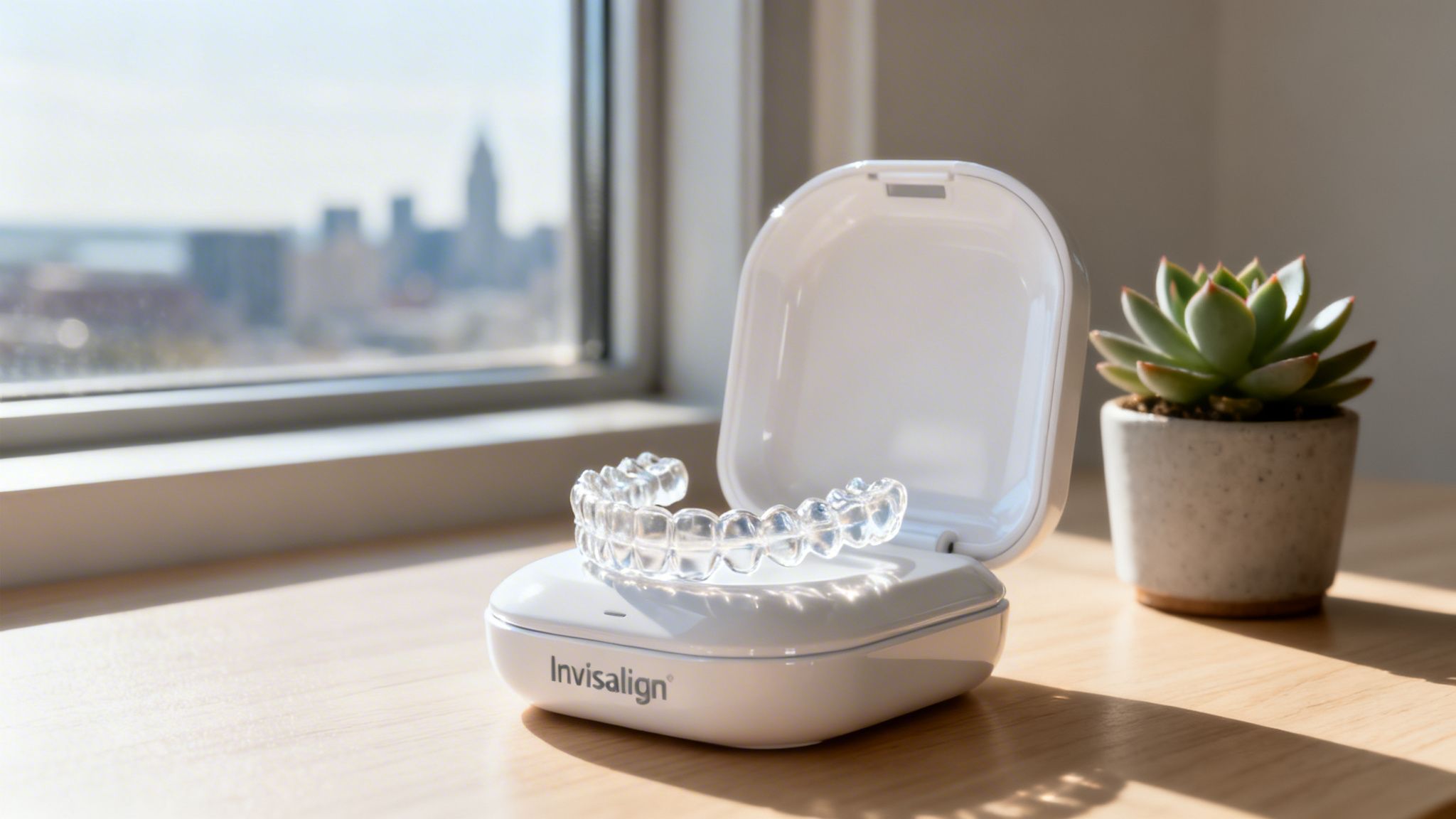 Clear Invisalign aligners and case on a wooden table with a city view and succulent.