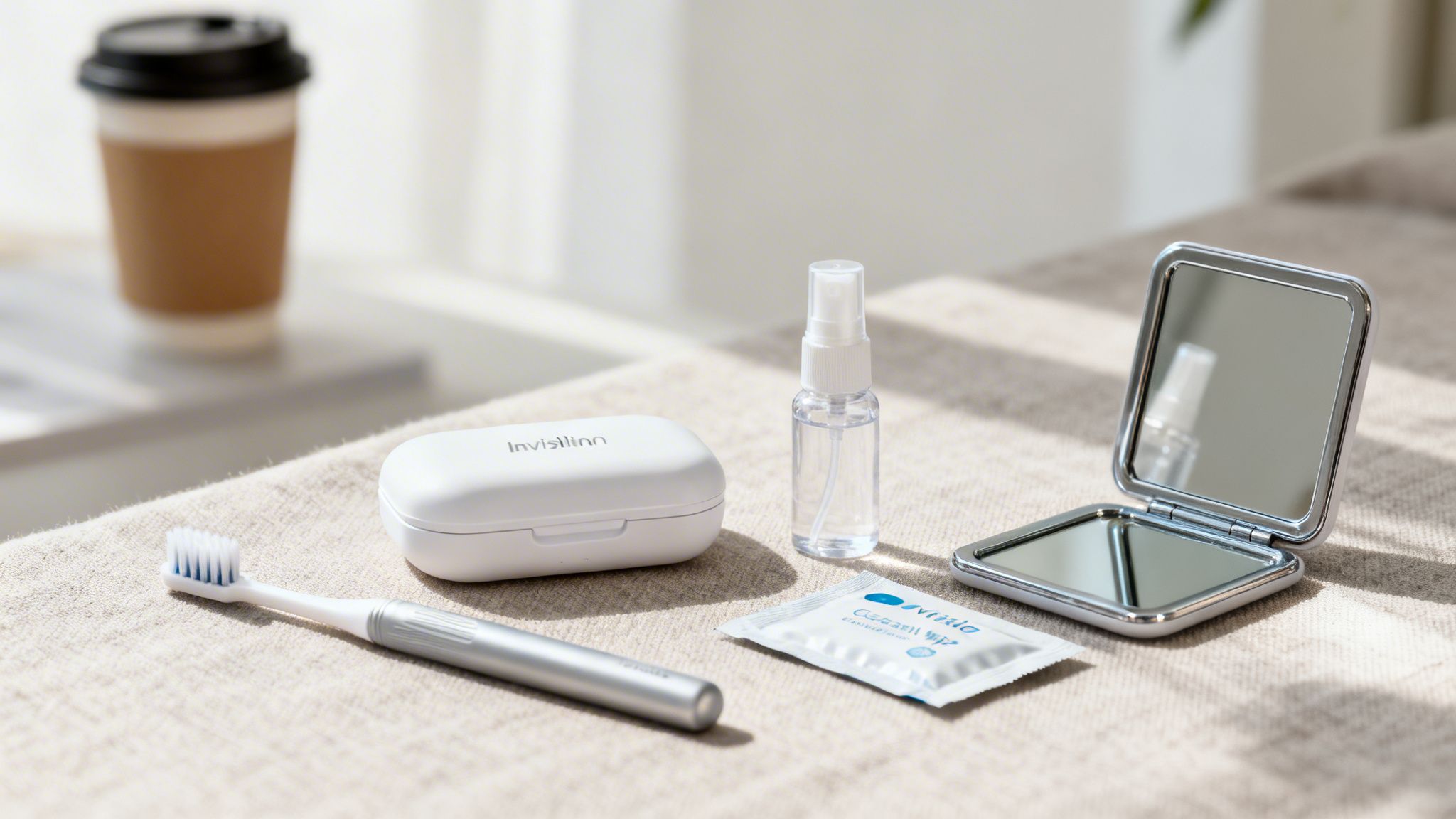 A collection of Invisalign cleaning supplies, including a case, toothbrush, spray bottle, and mirror.