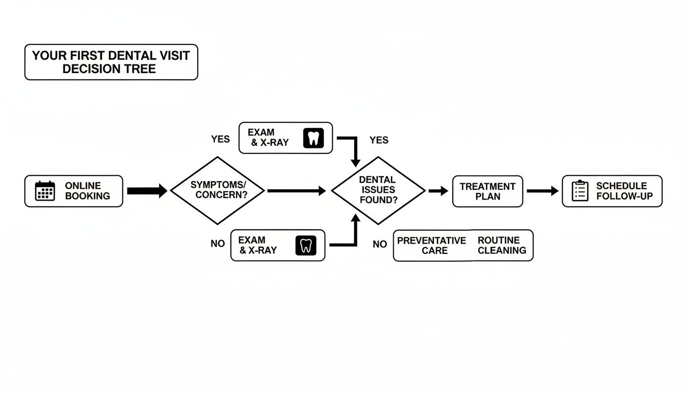 A decision tree flowchart illustrating the steps for a first dental visit, from online booking to treatment or preventive care.