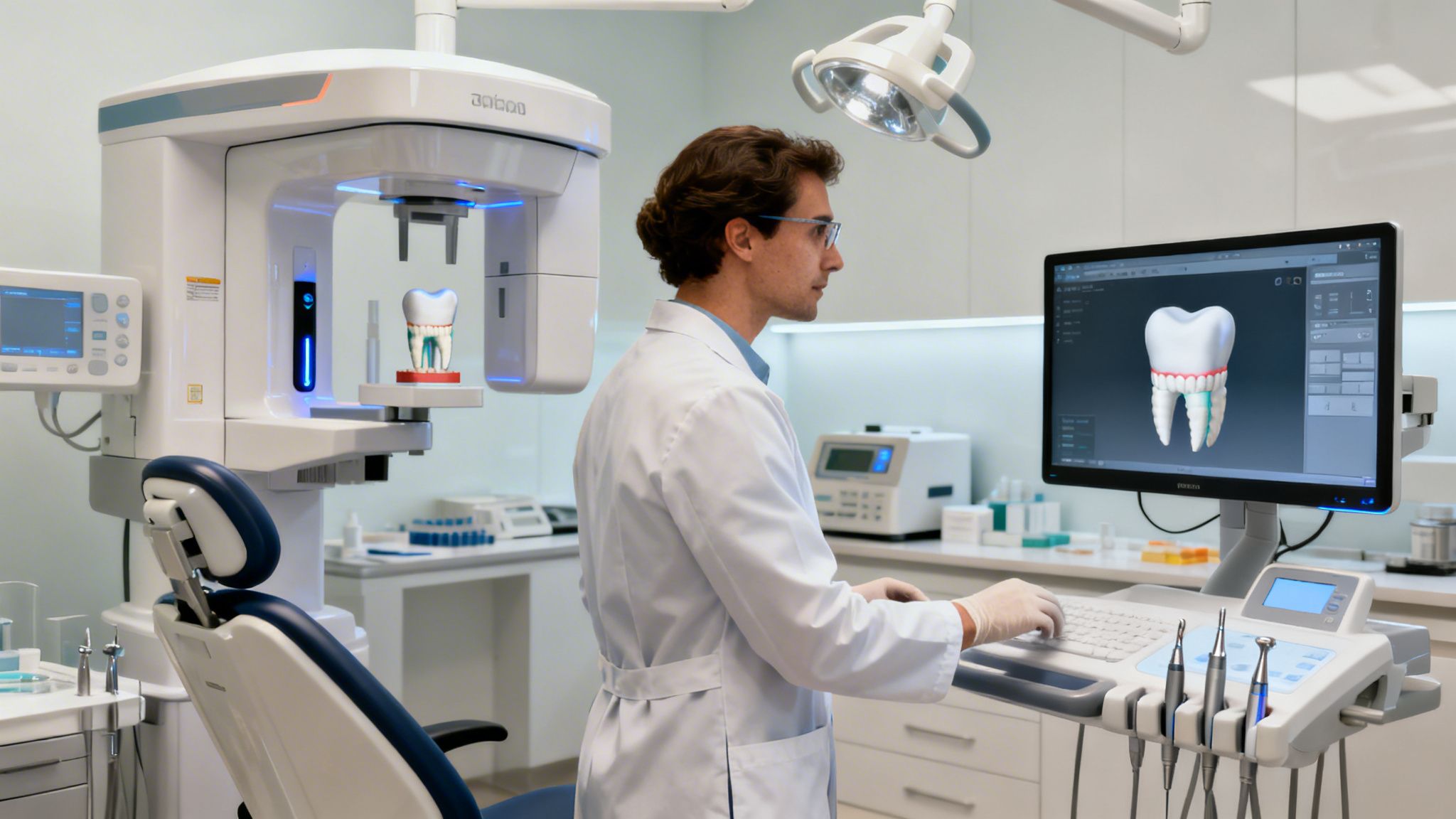 A dentist in a modern clinic operating advanced dental imaging equipment and a computer showing a 3D tooth.