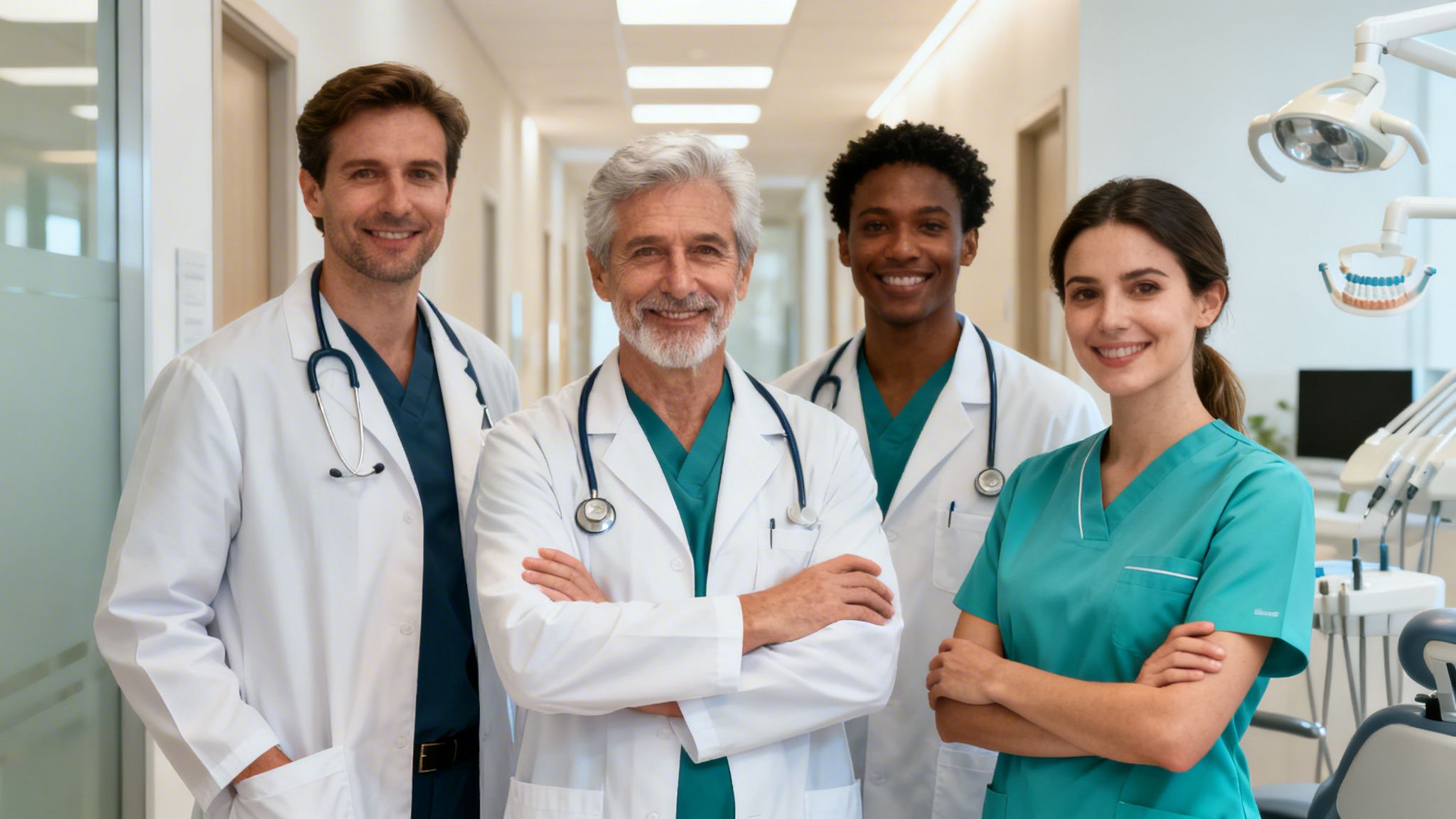 Four smiling dental professionals, a diverse team of doctors and a nurse, stand in a clinic.