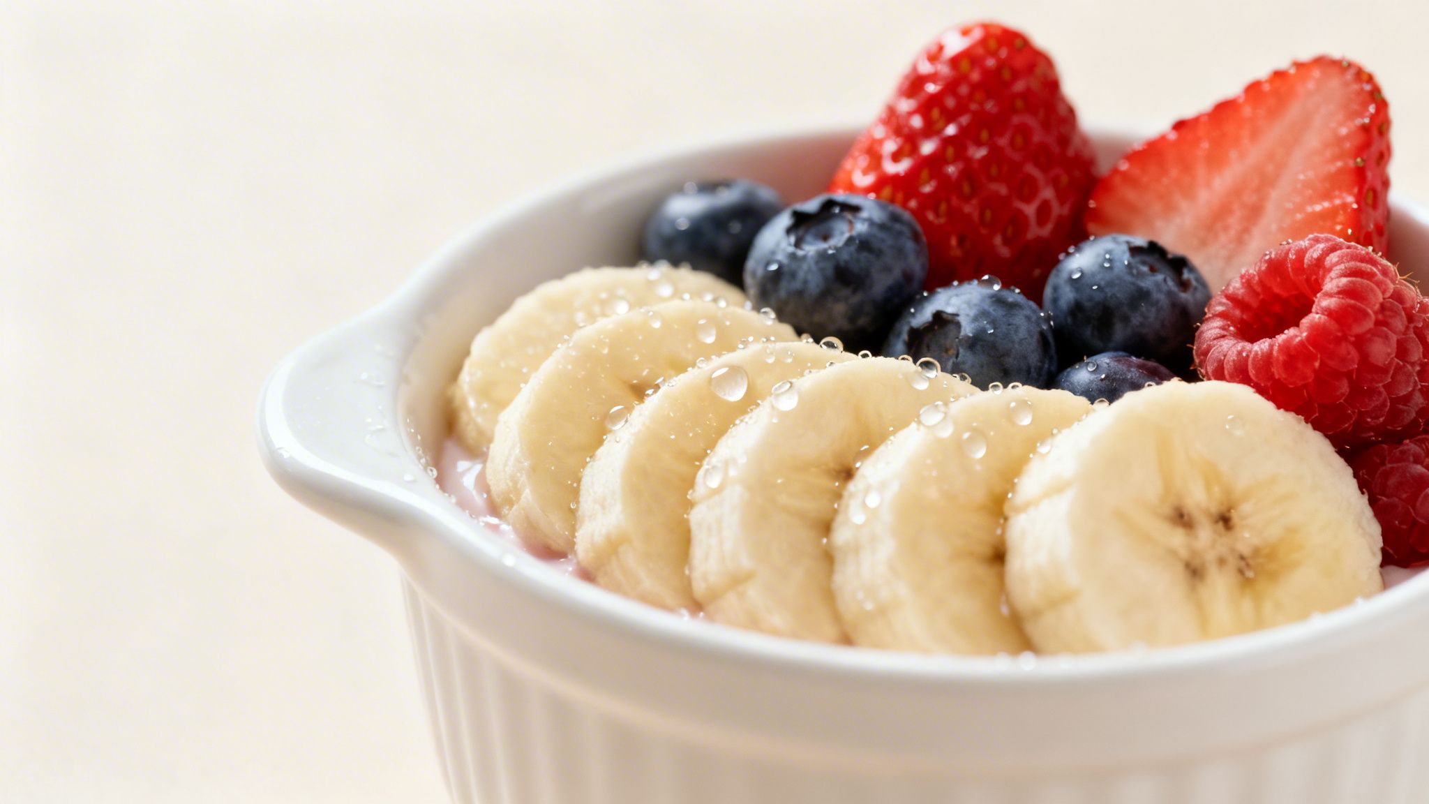 A white bowl filled with sliced bananas, blueberries, whole and sliced strawberries, and raspberries.