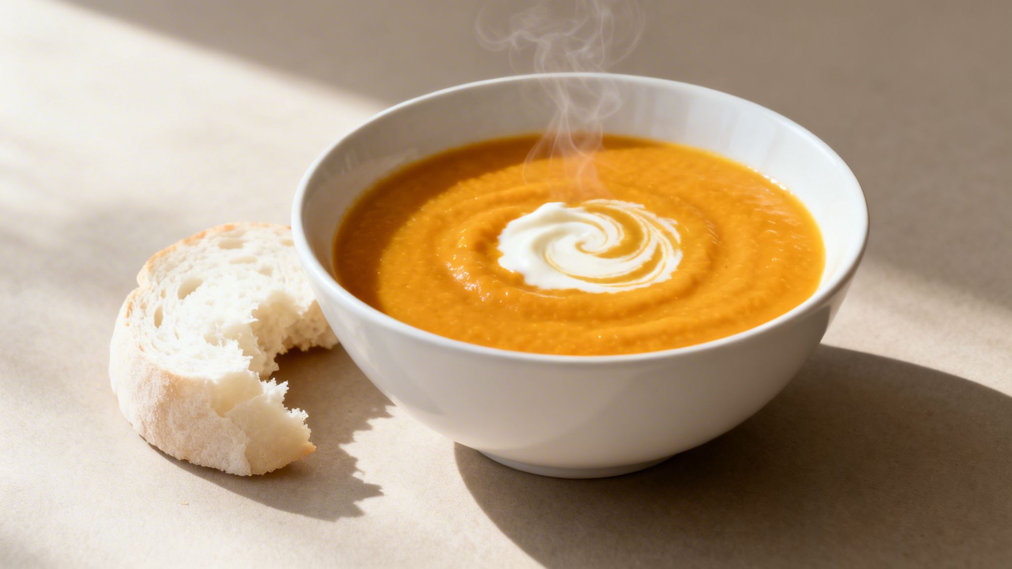 A steaming bowl of vibrant orange creamy soup with a white cream swirl, served with white bread.