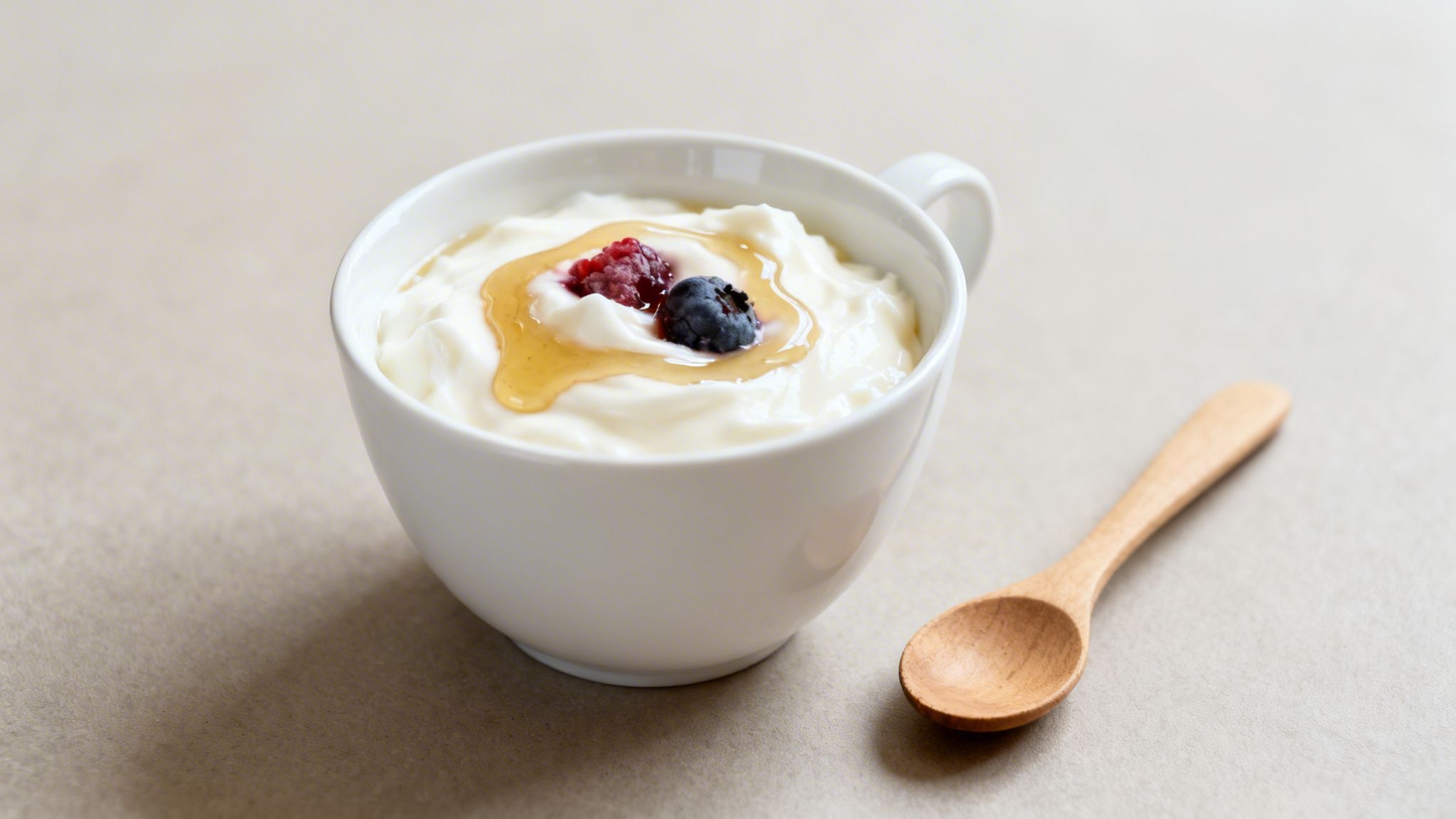 A white bowl of plain yogurt topped with golden honey, a raspberry, and a blueberry, with a wooden spoon.