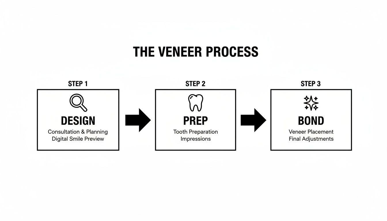 A clear, sequential diagram illustrating the three-step veneer process: design, prep, and bond.
