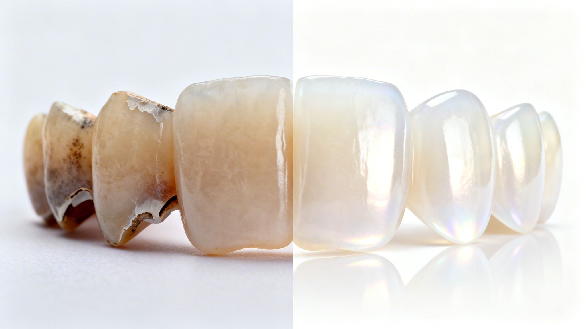 Side-by-side comparison of old, damaged dental veneers on the left and new, pristine white veneers on the right, showcasing a before-and-after transformation.