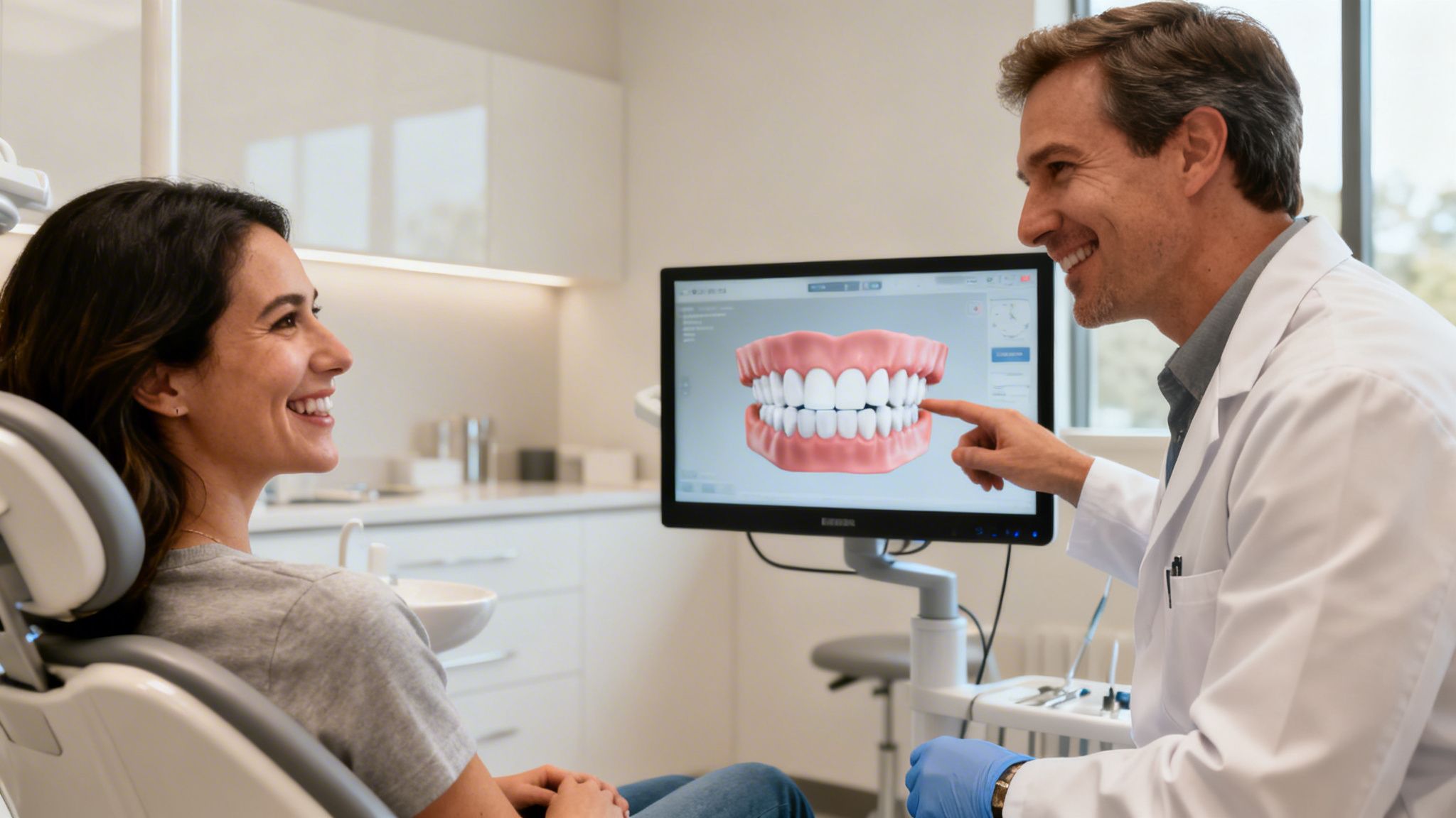 A smiling dentist in a white coat shows a 3D teeth model to a happy female patient.