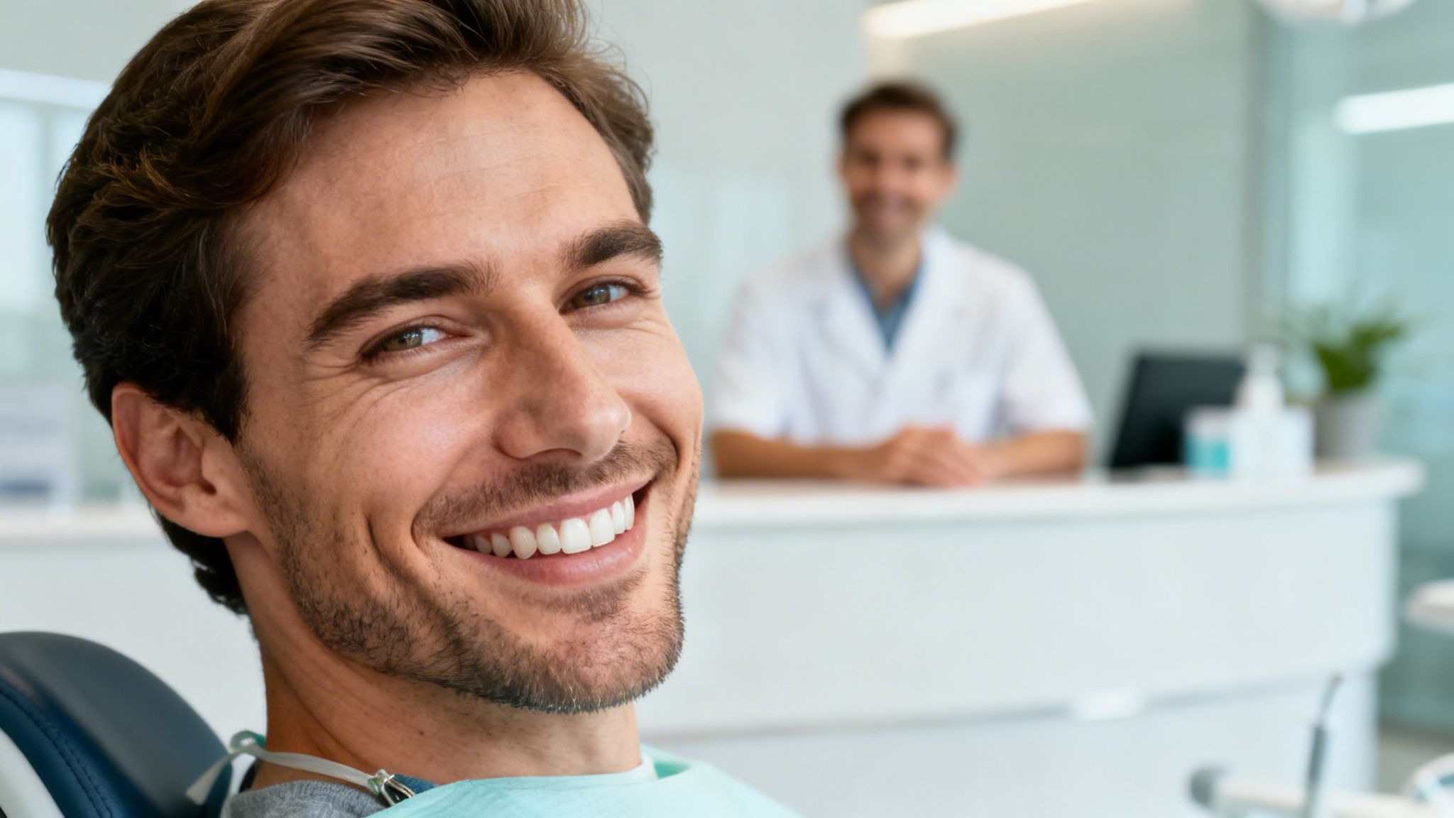 A happy man in a dental chair smiling with bright white teeth, dentist blurred in background.