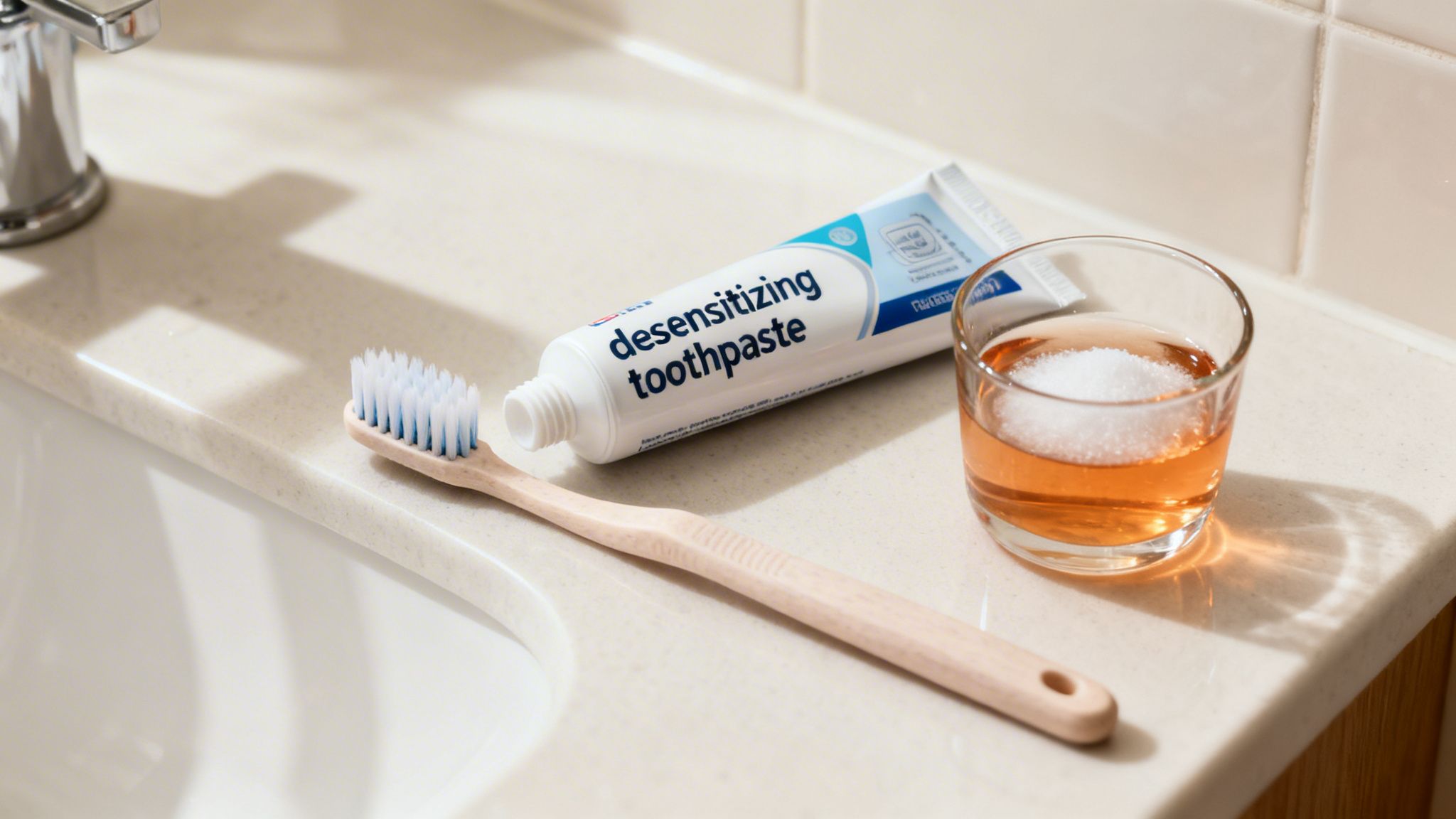 A wooden toothbrush, desensitizing toothpaste, and a glass with amber liquid and salt on a bathroom counter.
