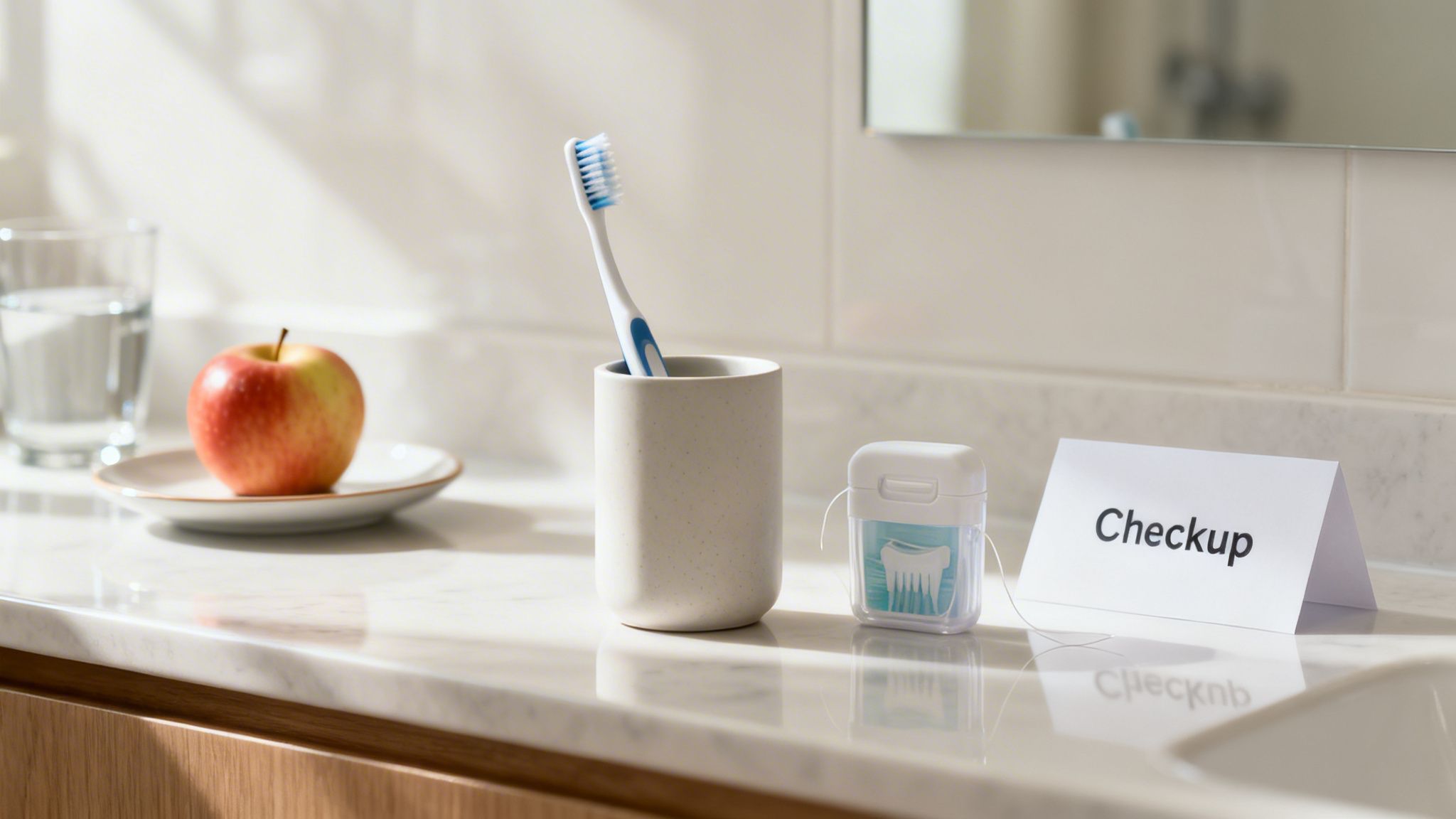 A bathroom counter with a toothbrush, dental floss, an apple, water, and a 'Checkup' sign.
