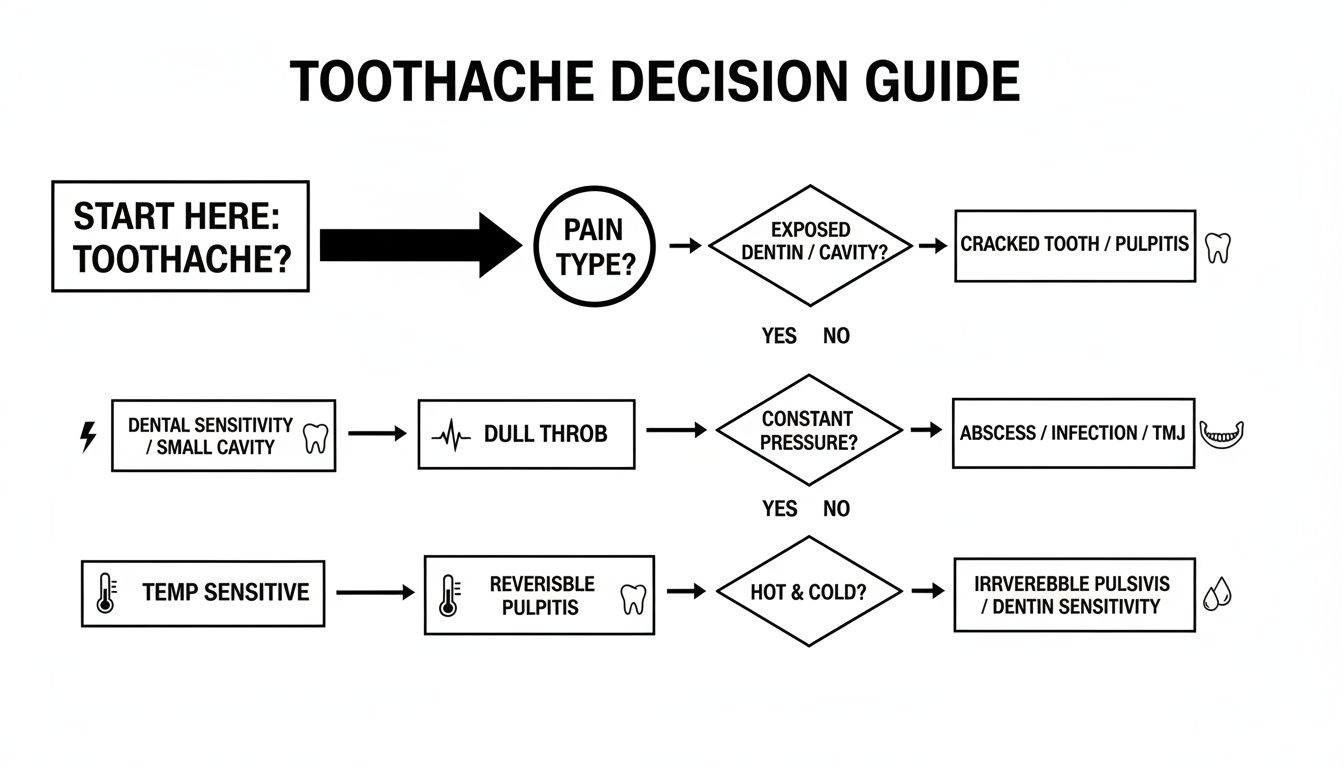 A toothache decision guide flowchart helping identify common dental issues based on pain type and symptoms.