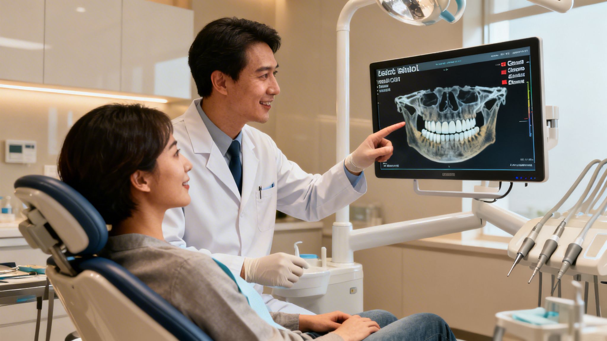 Dentist explaining dental X-ray of teeth and jaw to a smiling female patient in a clinic.