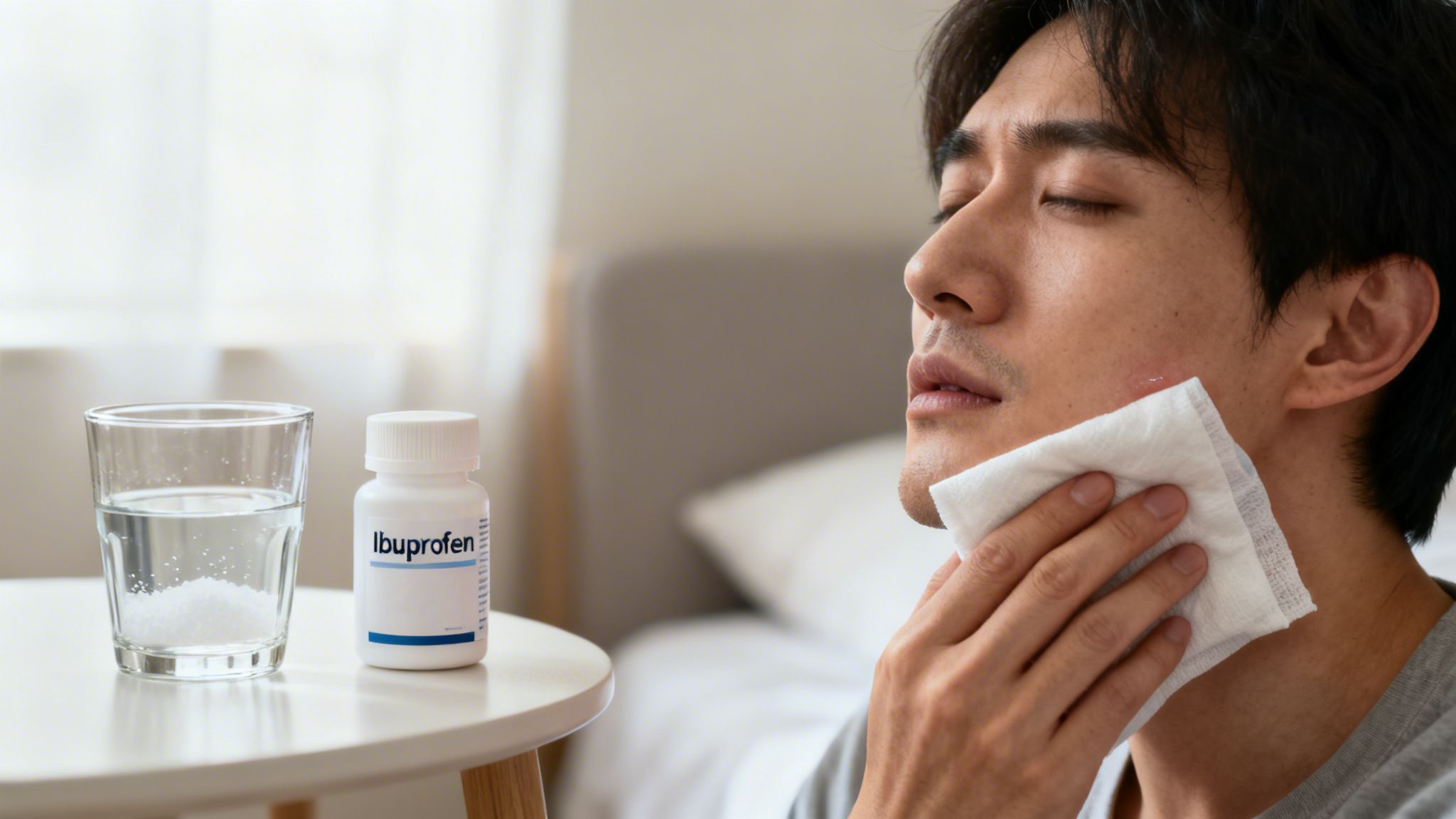 A man holds a tissue to his cheek, suffering from a toothache, with ibuprofen and water on a table.