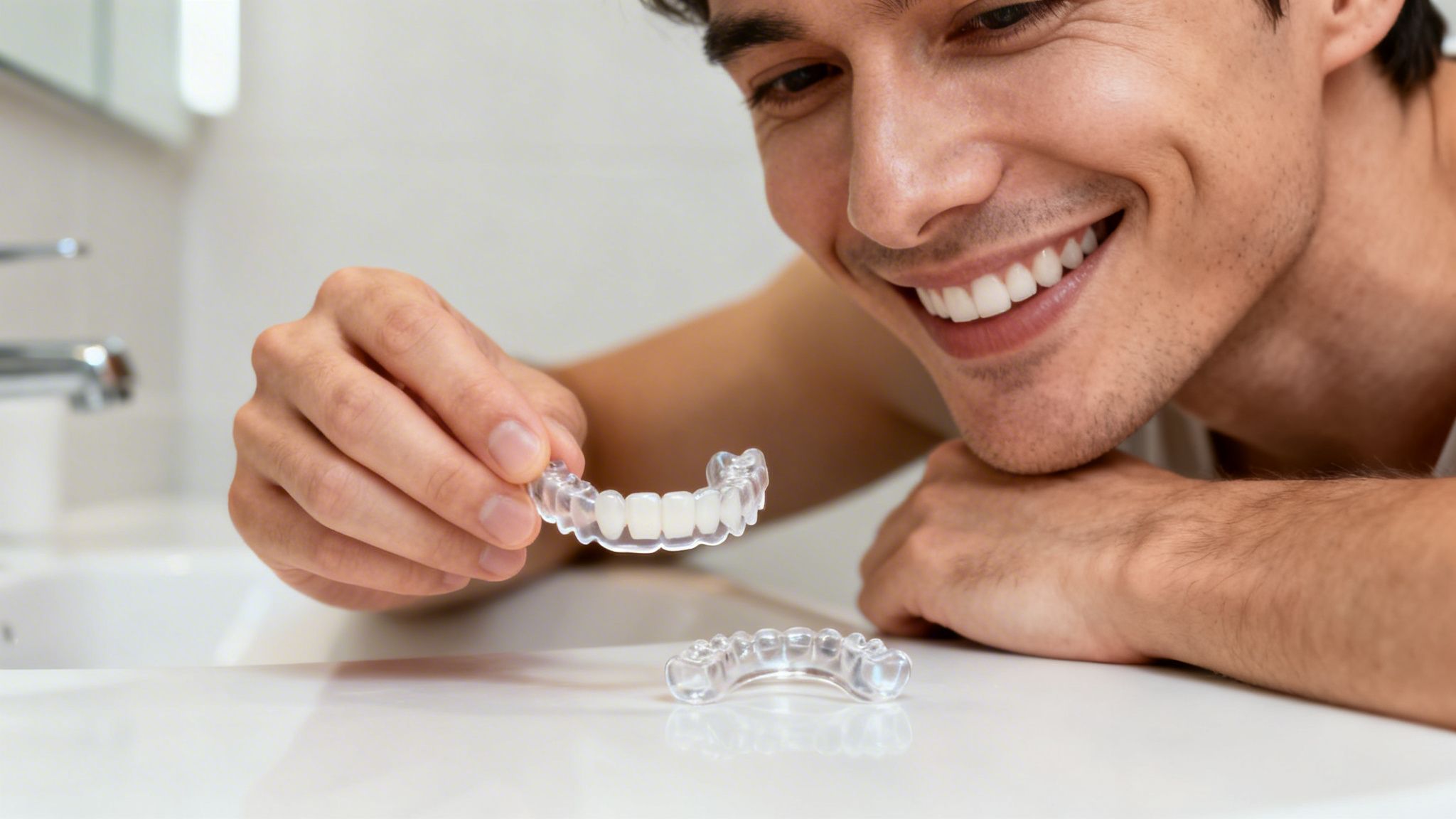 Smiling young man holding clear orthodontic aligners over a clean bathroom counter, ready for use.