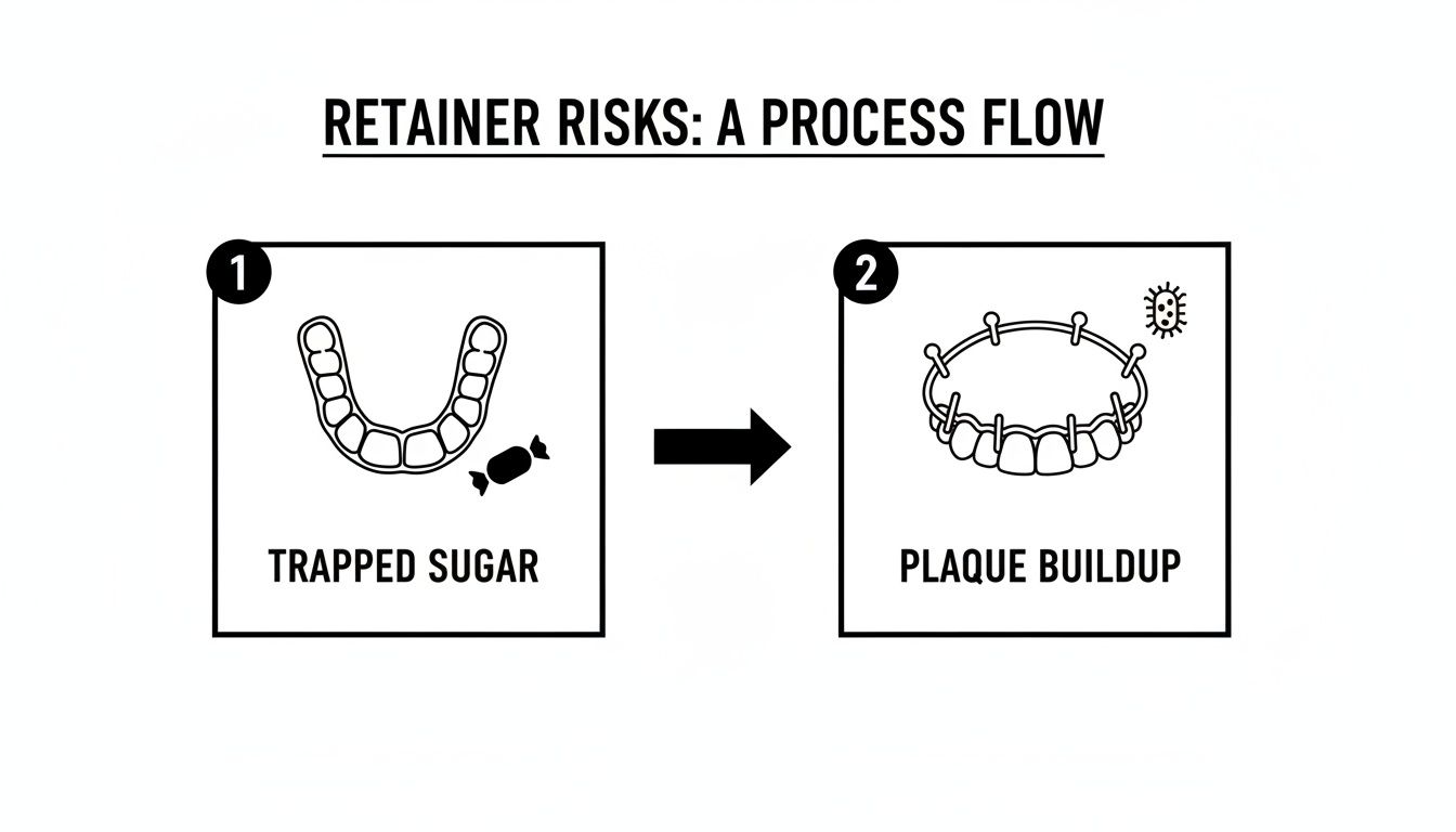 Diagram illustrating how trapped sugar from retainers leads to plaque buildup, outlining dental risks.