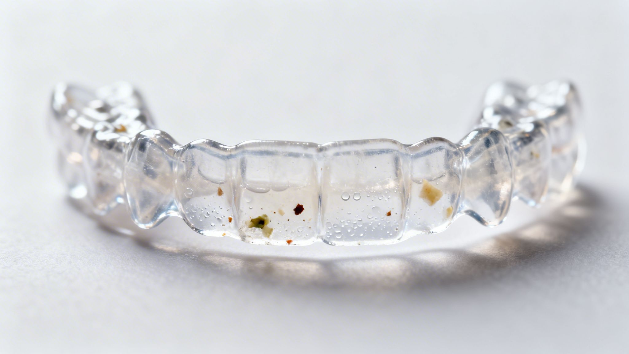 A clear dental retainer, containing food particles and water droplets, rests on a bright white surface.
