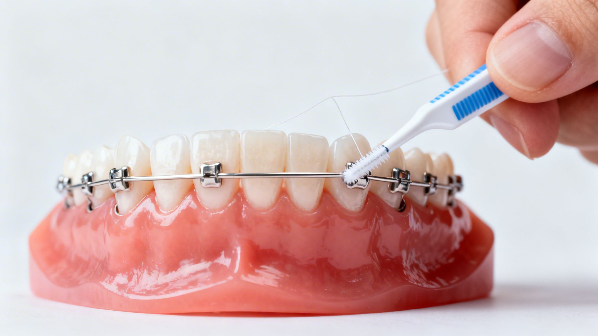 A hand cleans a dental model with braces using an interdental brush for oral hygiene.