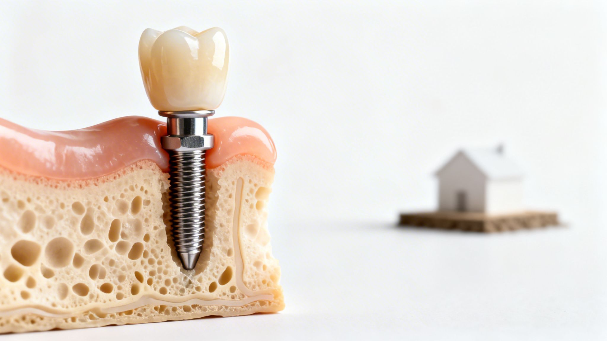 Detailed cross-section model of a dental implant in jaw bone and gum with a blurred house.