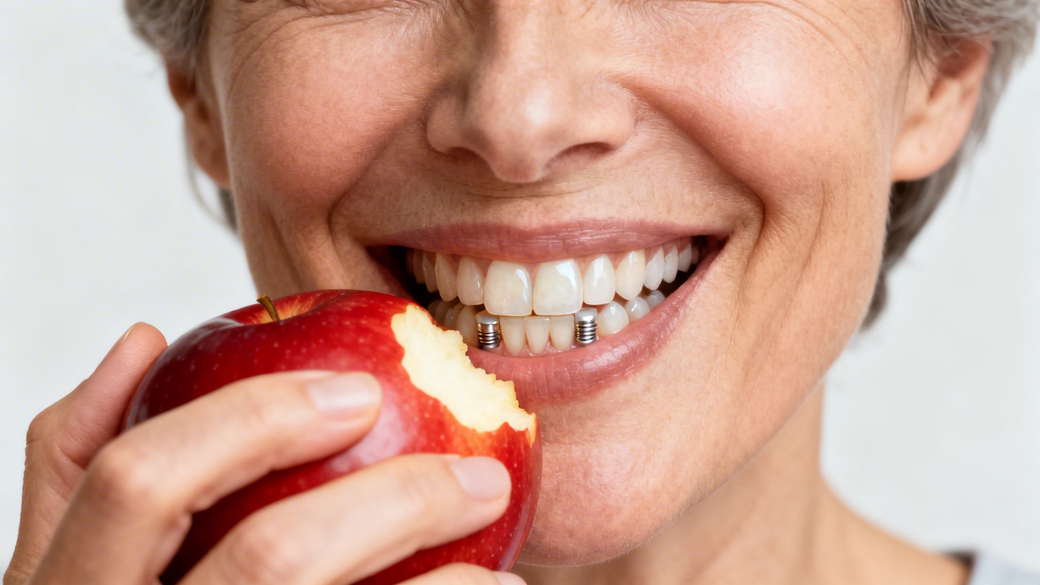 A smiling older woman with visible dental implants happily bites into a red apple.