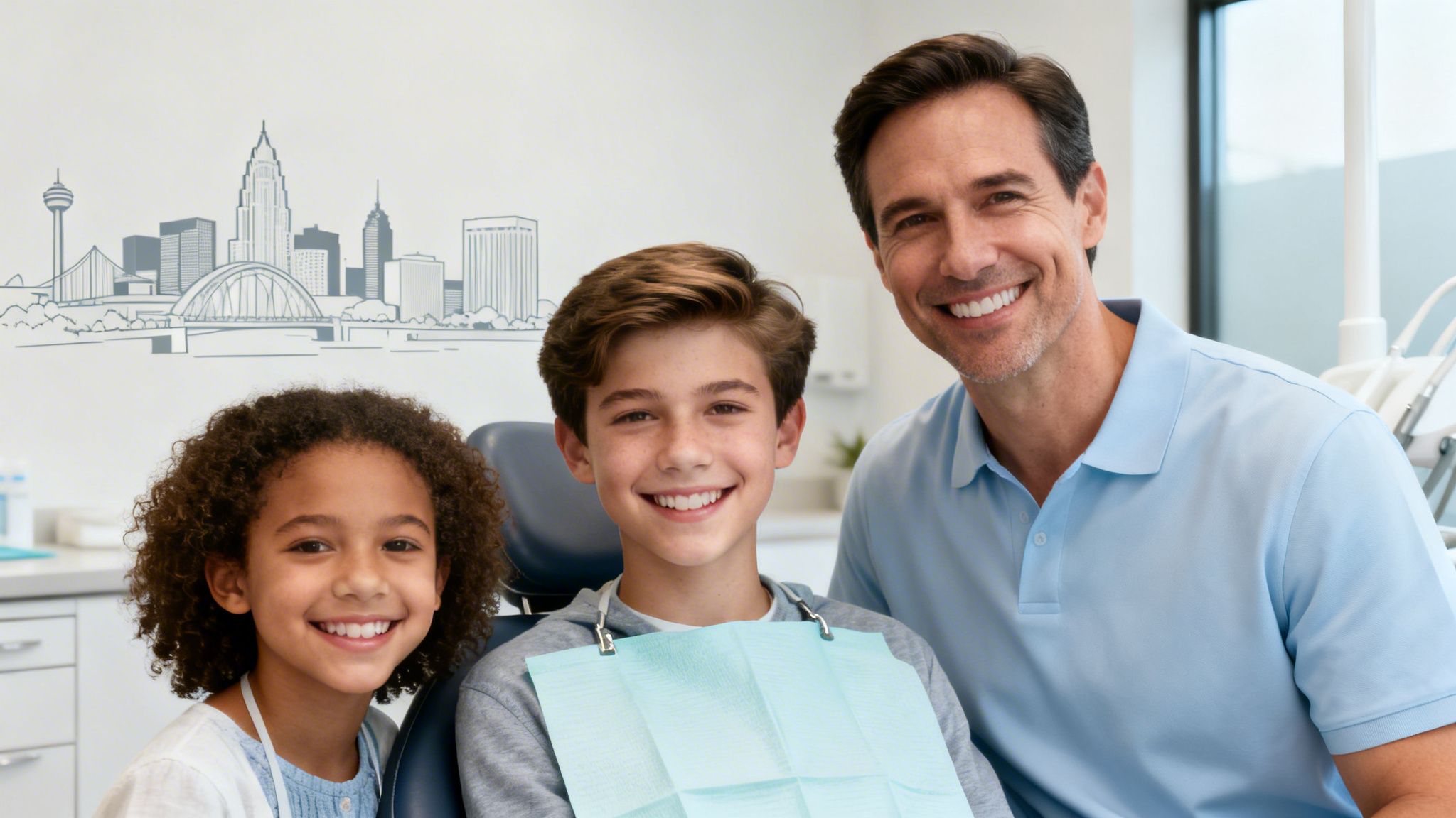 Happy dentist poses with two young, smiling patients in a modern dental office.