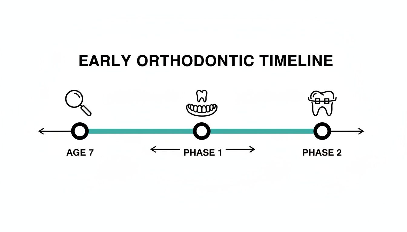 Early orthodontic timeline illustrating check-up at age 7, followed by Phase 1 and Phase 2 treatments.