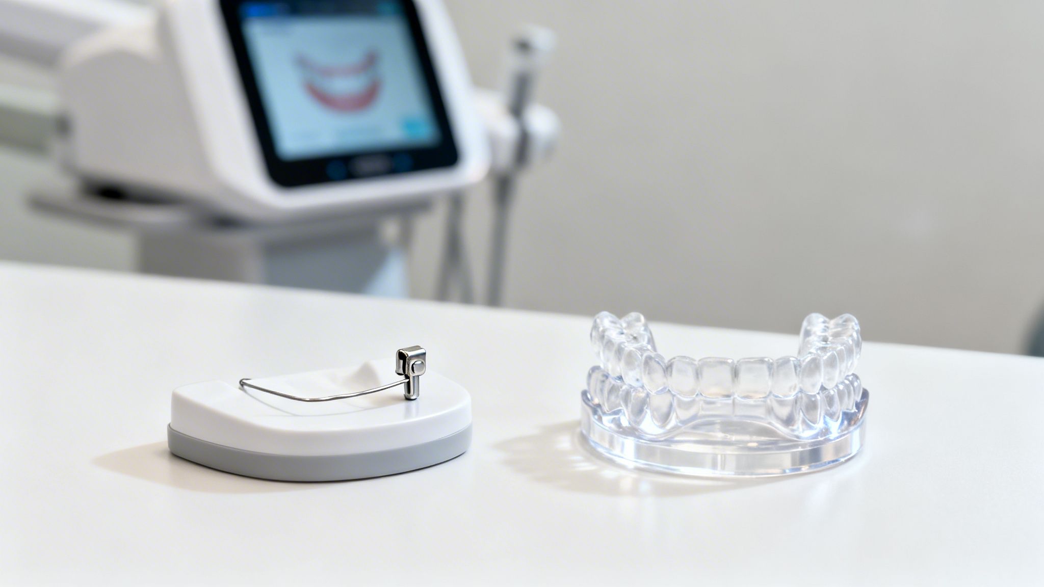 Clear aligner model and orthodontic tool on a white table in a dental office setting.