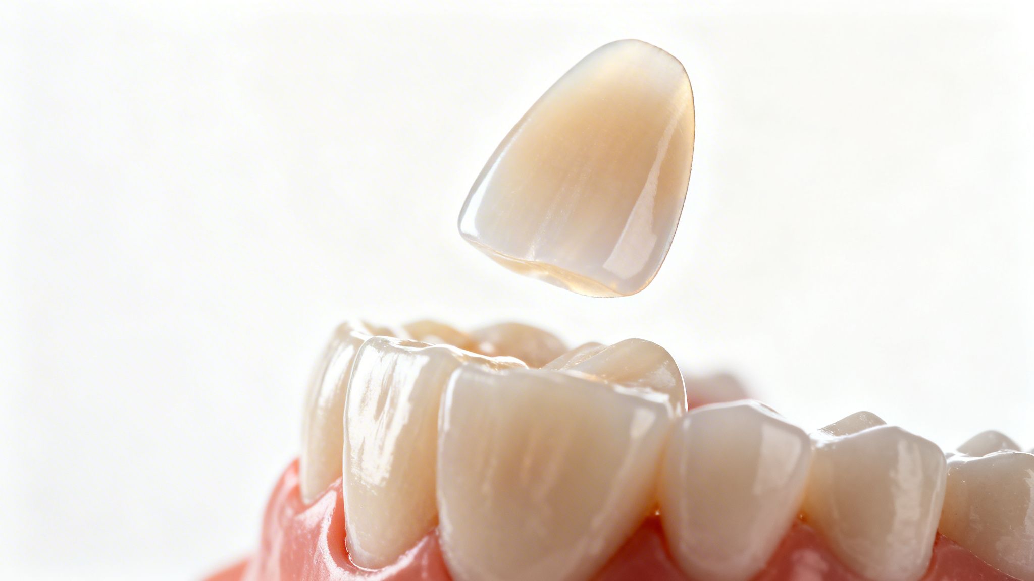 A close-up of a porcelain veneer being placed onto a dental model of teeth and gums.