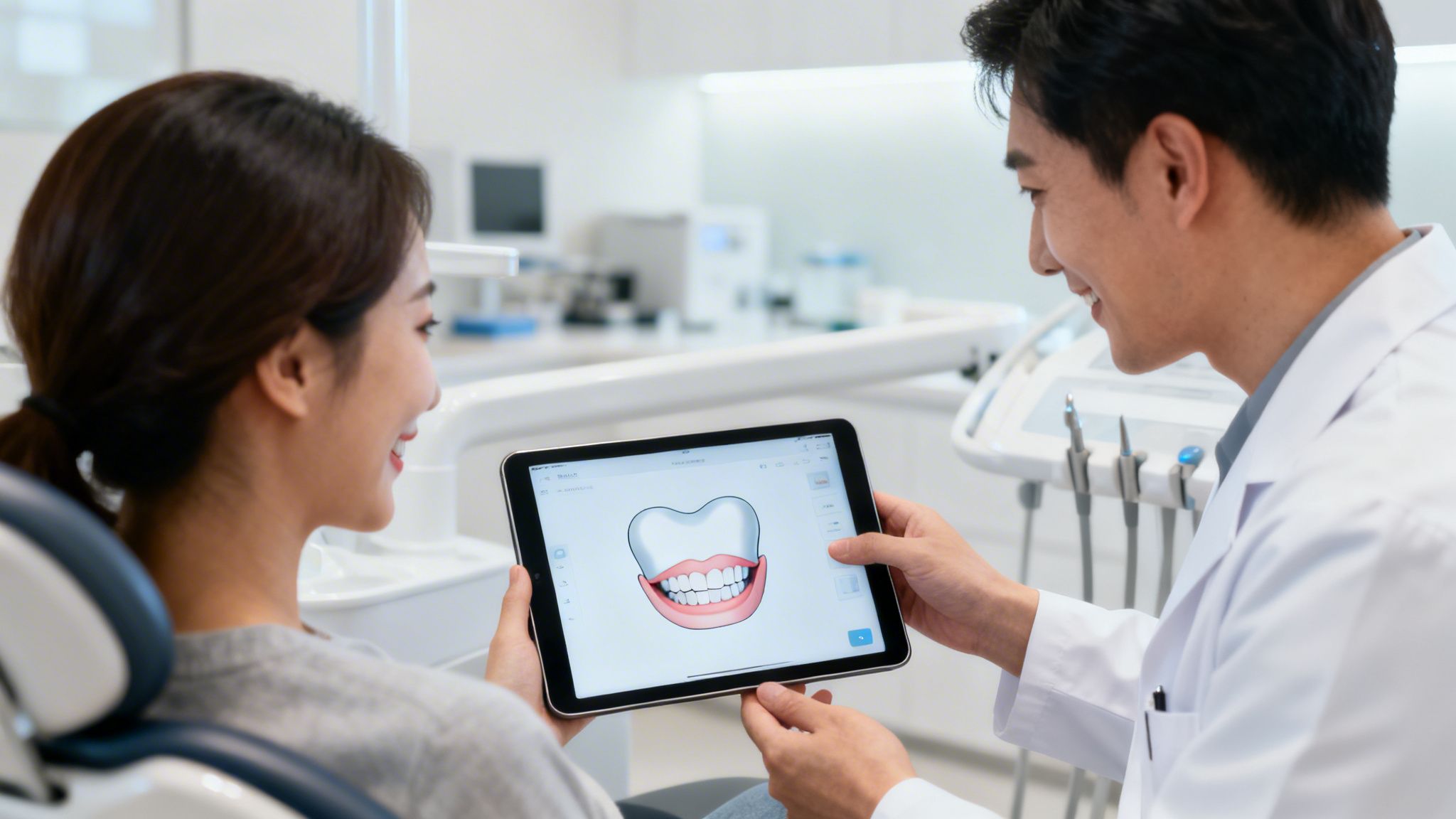 A dentist shows a patient a digital smile design on a tablet in a modern dental clinic.