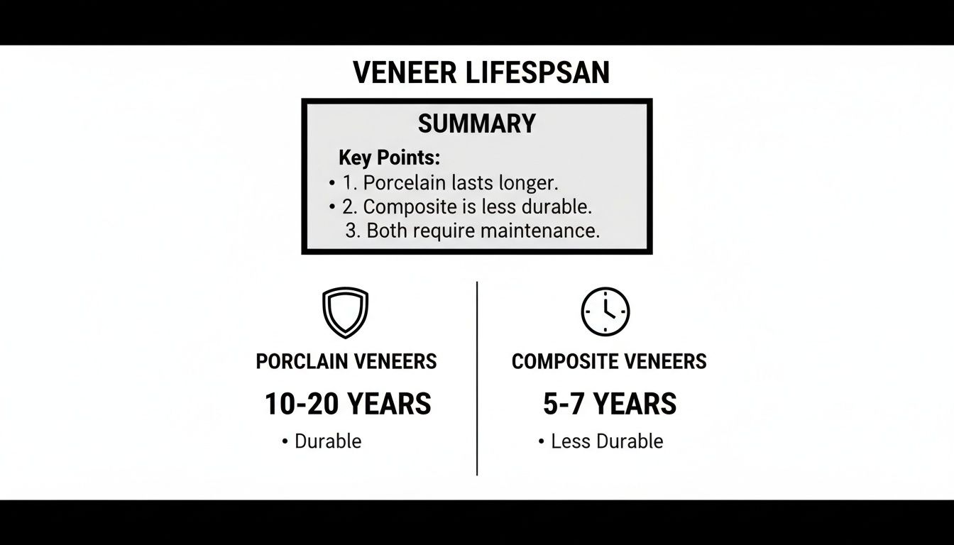 Infographic comparing porcelain (10-20 years) and composite (5-7 years) veneer lifespans, summarizing durability and maintenance.
