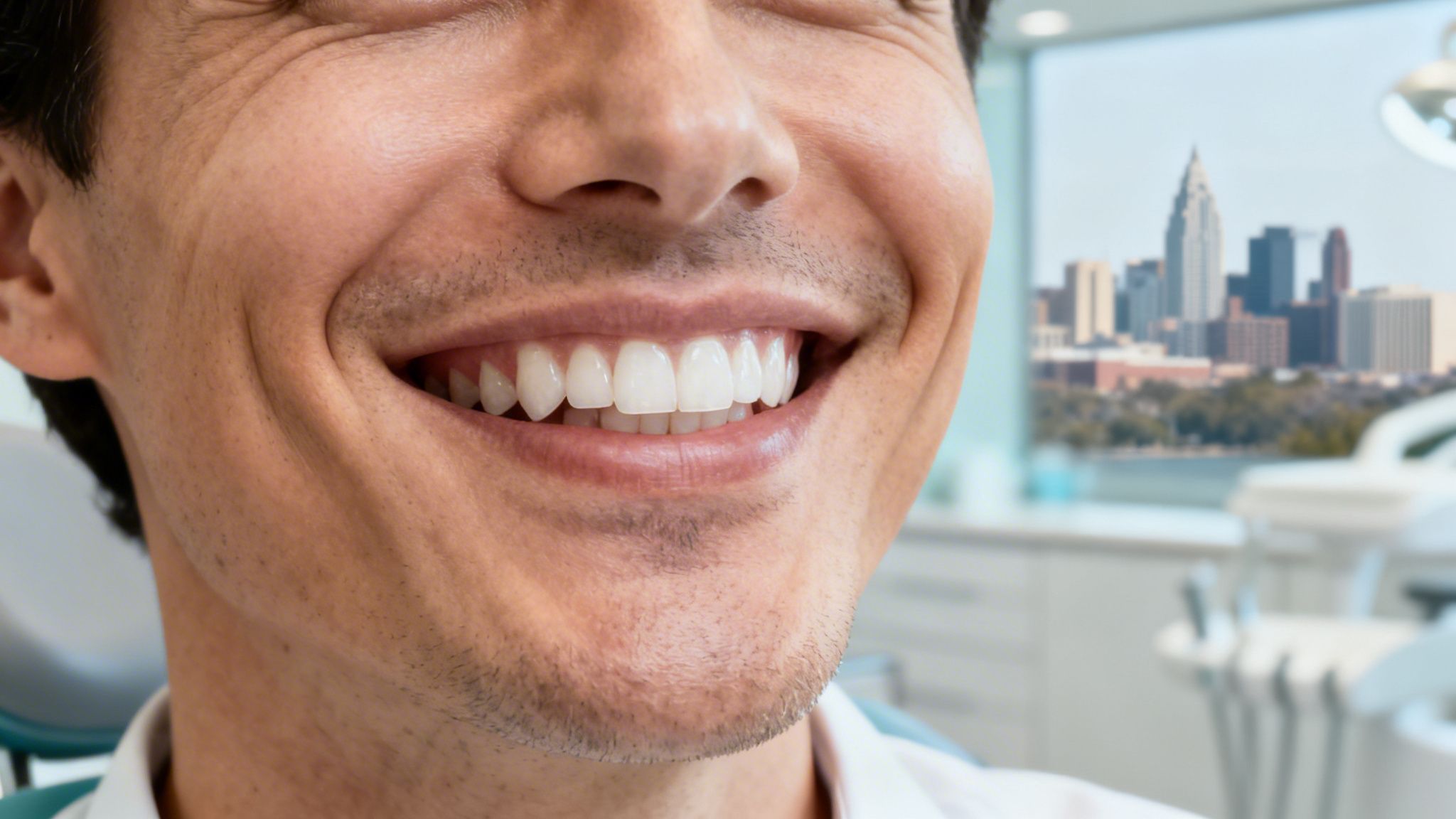 Smiling man with perfect white teeth in a dental office, city skyline in background.