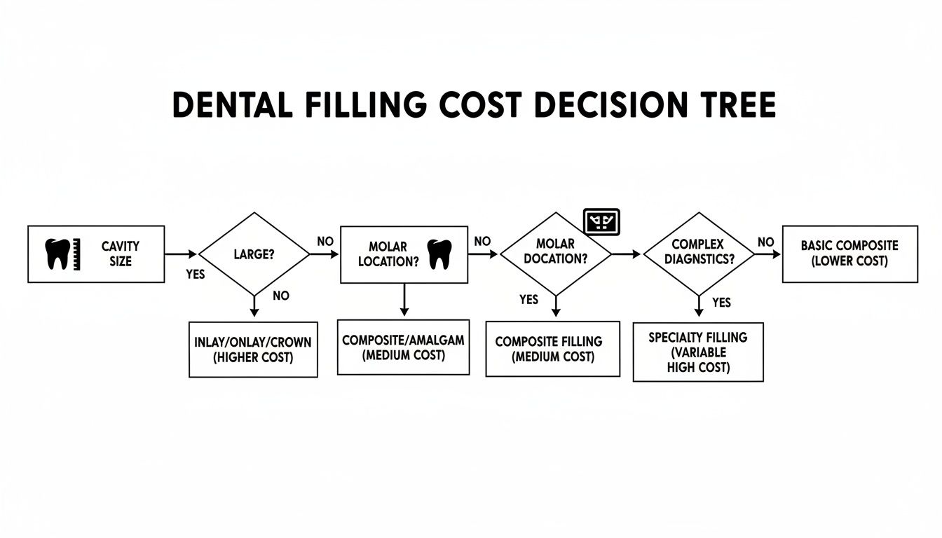 Flowchart outlining dental filling cost decisions based on cavity size, molar location, and diagnostics.