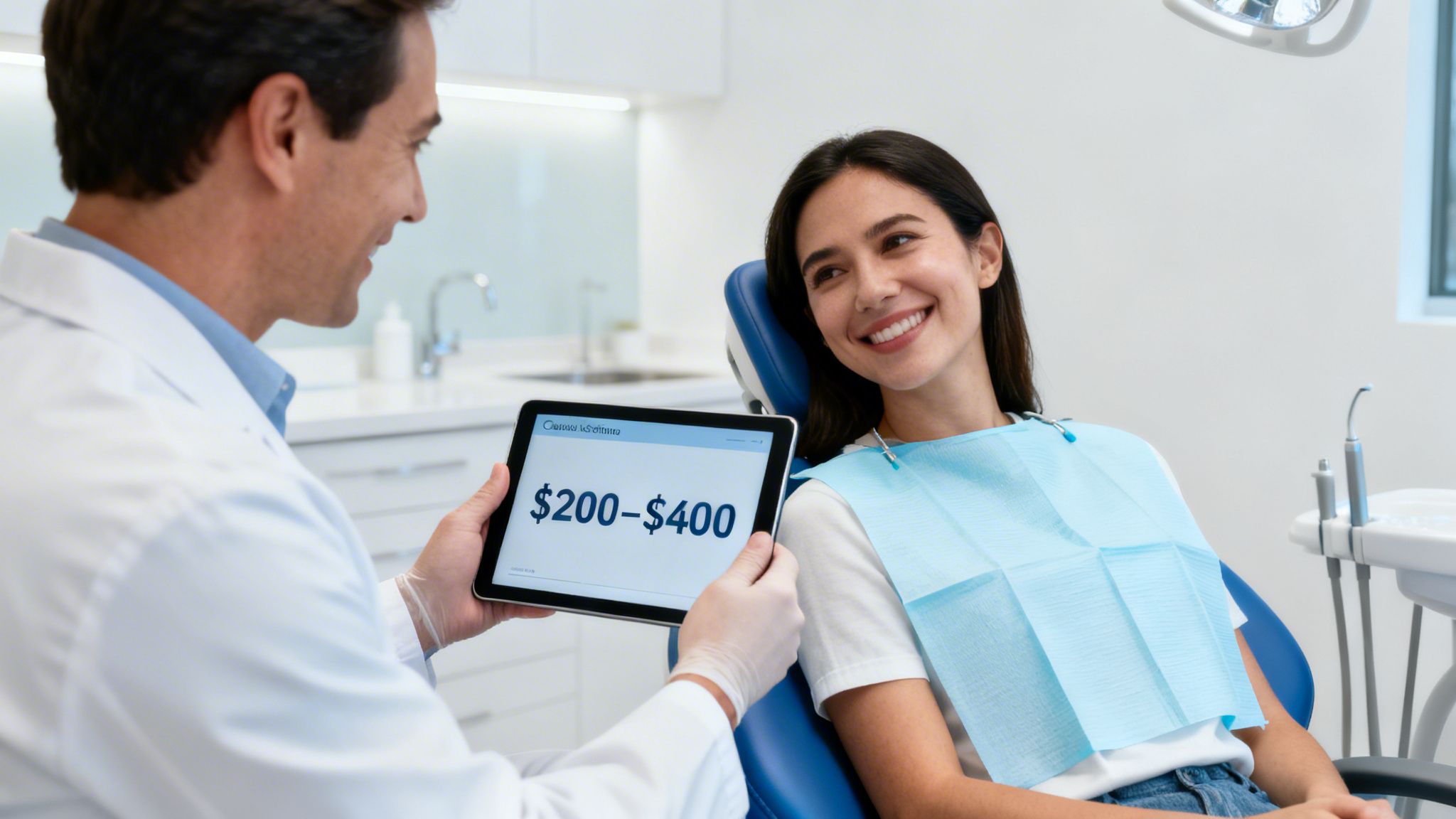 A dentist shows a tablet displaying dental cost estimate to a smiling female patient.