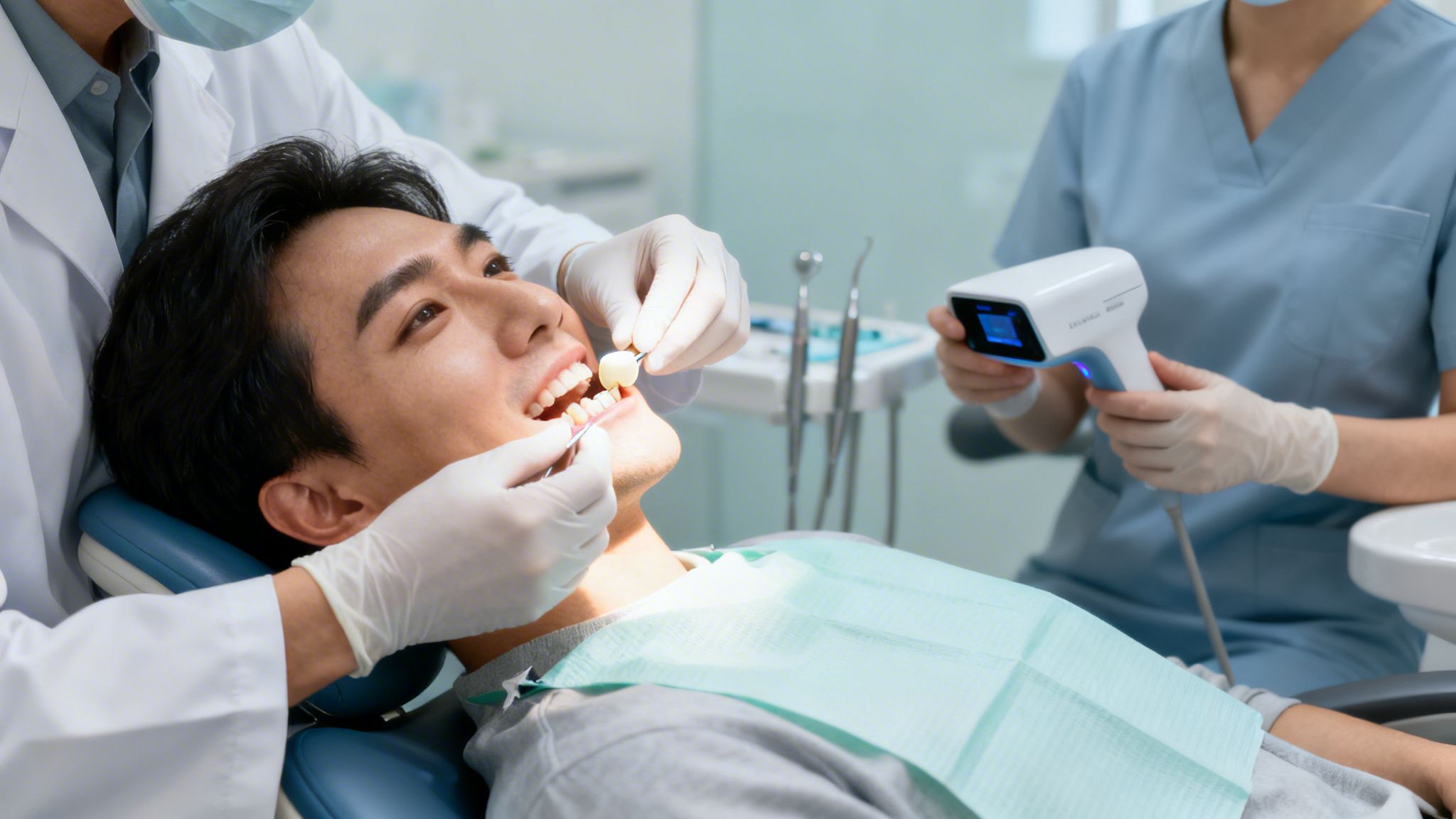 Dentist and assistant examining a male patient's teeth with dental tools and scanner.