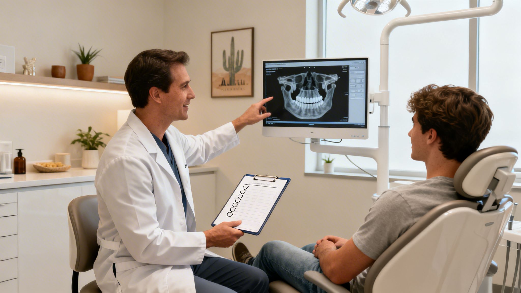 A male dentist shows a dental X-ray of teeth and jaw on a monitor to his male patient.