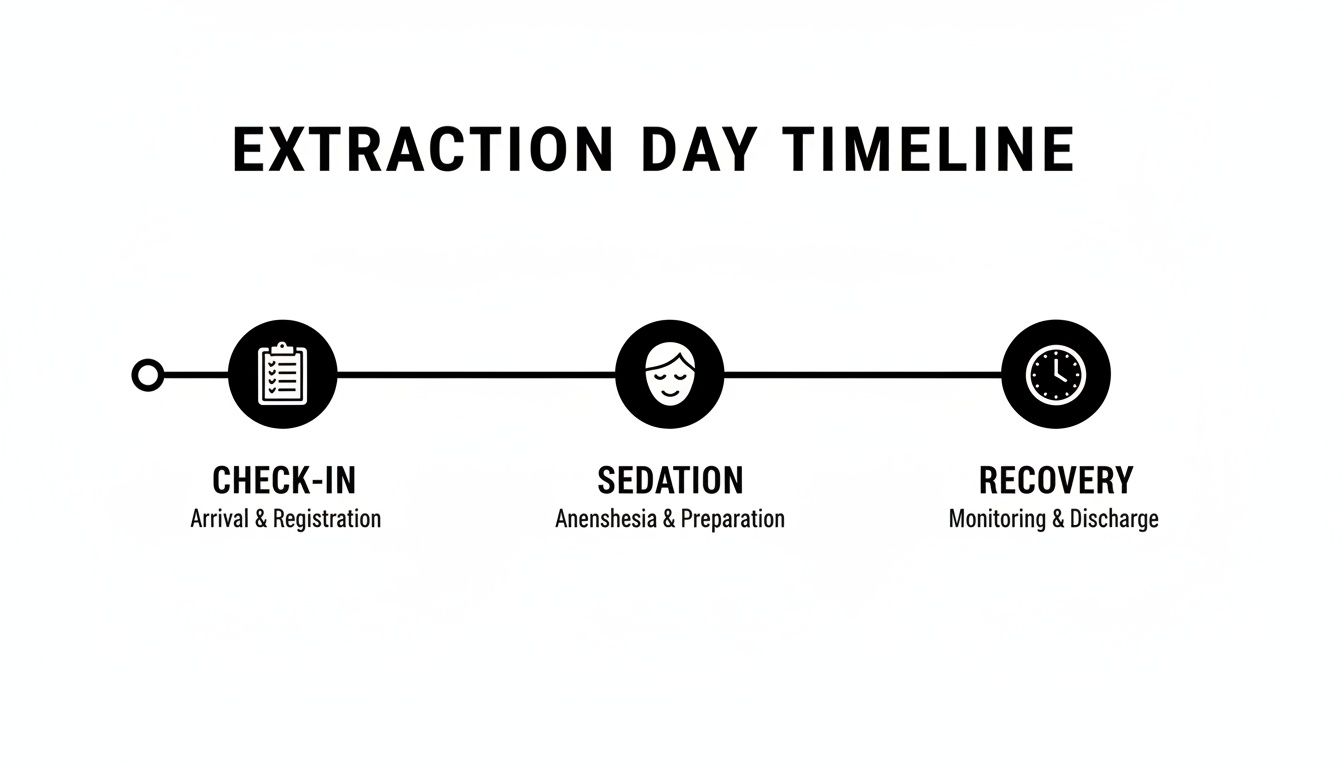 A simple timeline illustrating the three main stages of an extraction day: Check-in, Sedation, and Recovery.