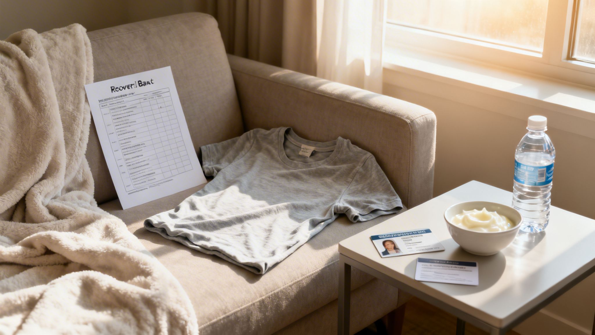 A cozy recovery setup with a blanket, soft food, water, and a medical form on a chair.