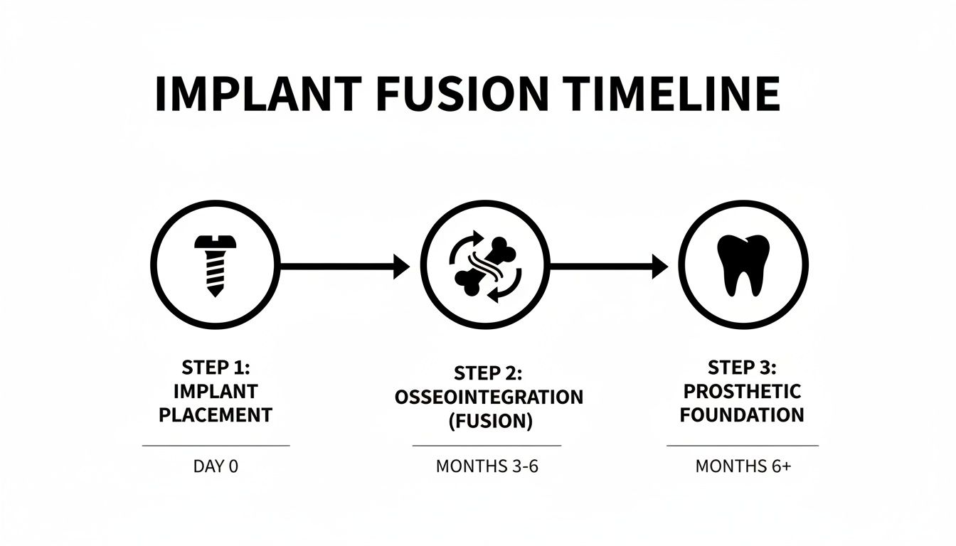 An infographic detailing the three steps of an implant fusion timeline: implant placement, osseointegration, and prosthetic foundation.