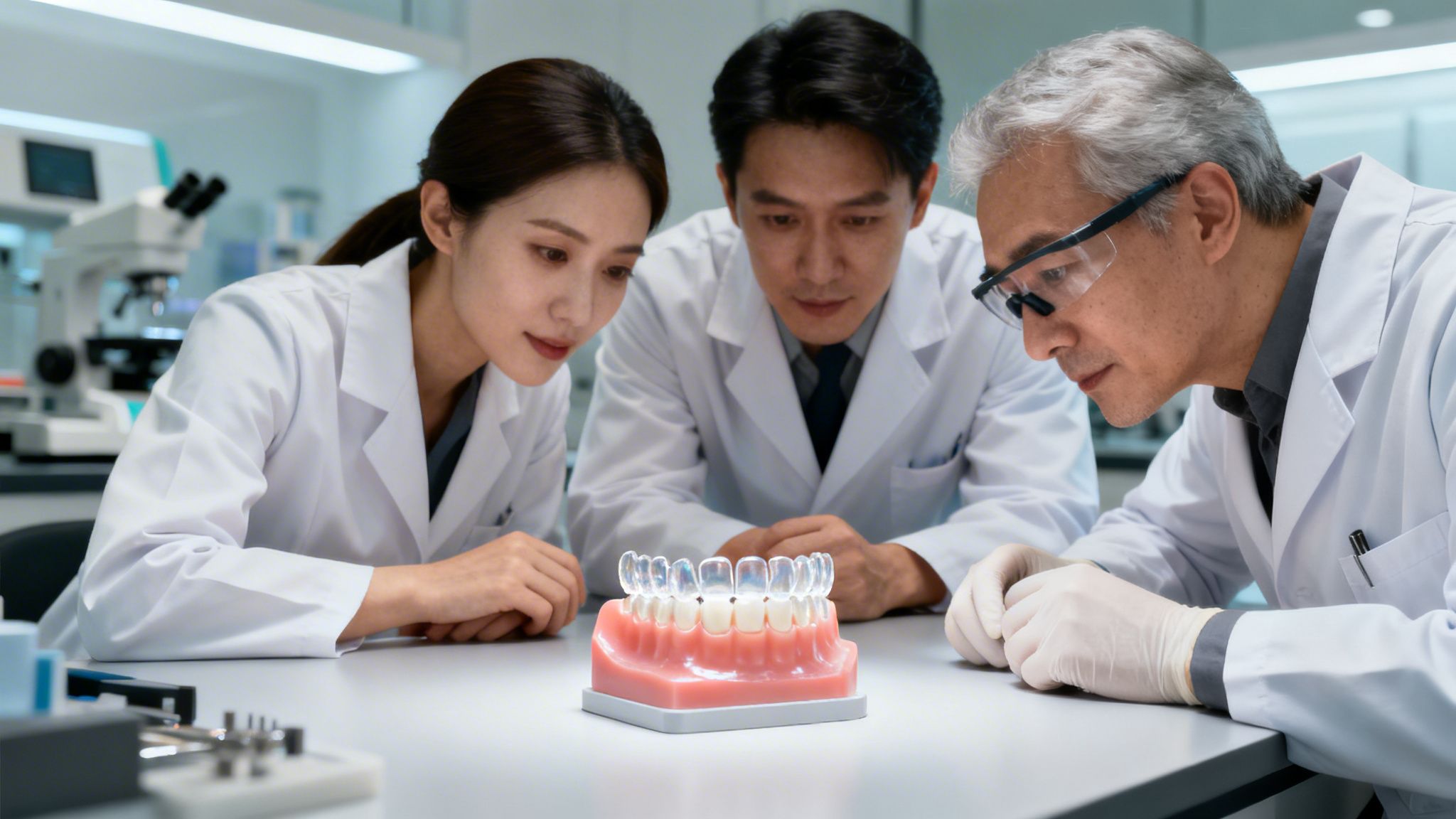 Three dental professionals in a lab meticulously examining a clear aligner dental model.
