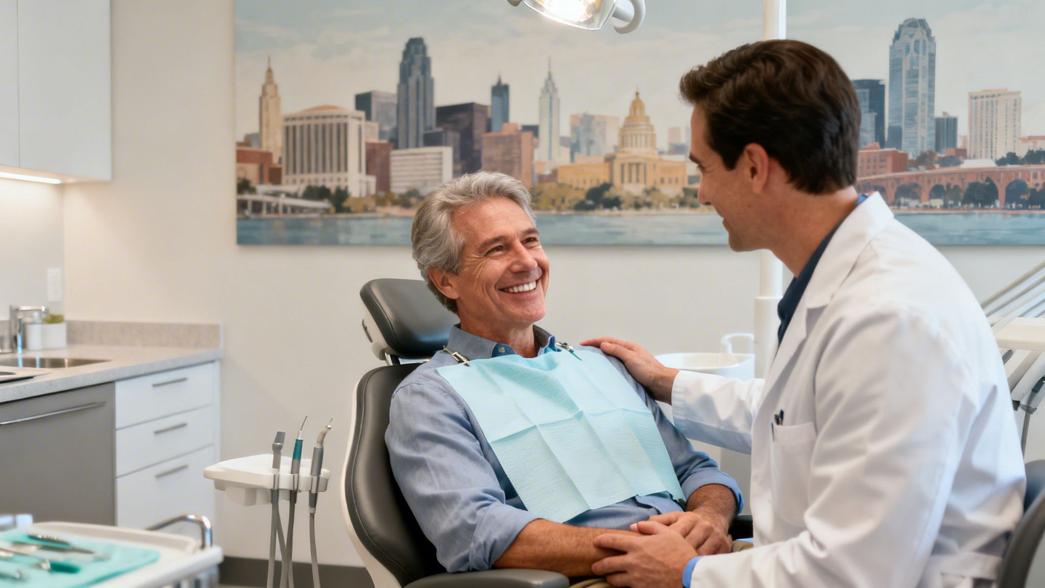 Friendly male dentist talking to a smiling male patient in a dental chair at a clinic.