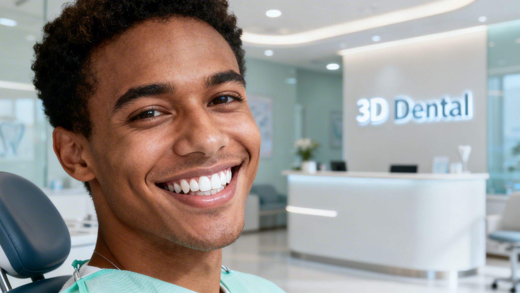 A young man with a bright, healthy smile sitting in a dental chair at a modern clinic.