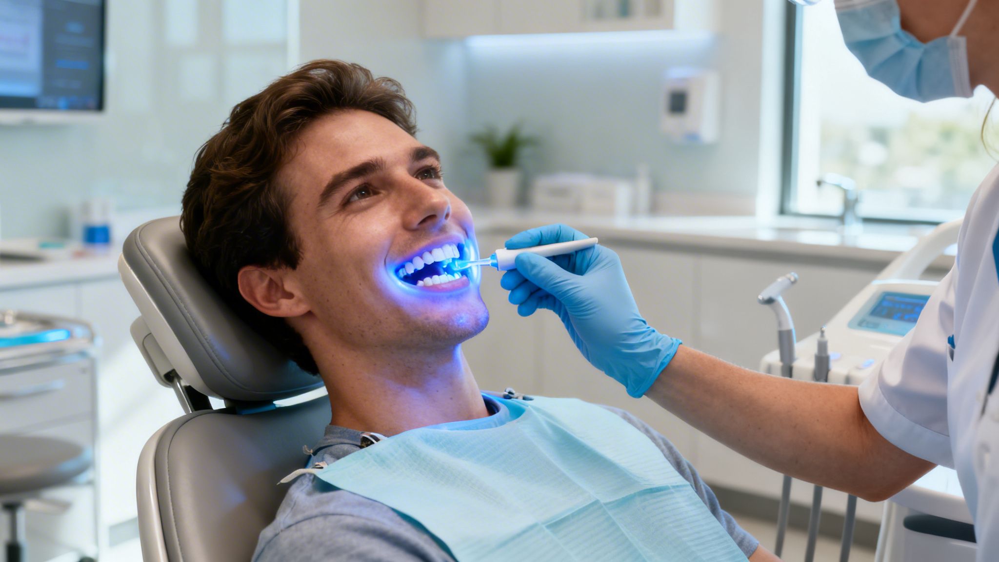 A professional dentist performing a teeth whitening procedure on a patient in a modern dental clinic.