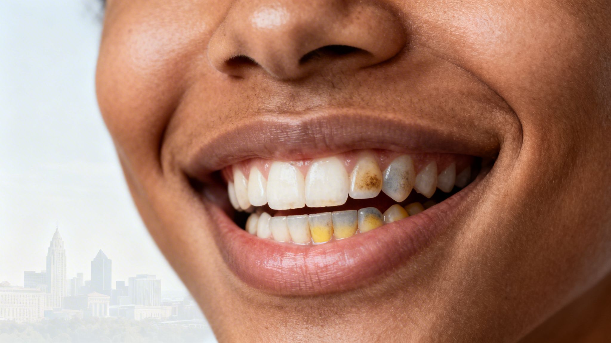 A close-up view of a person smiling, revealing teeth with noticeable dark, yellow, and grey discoloration stains.