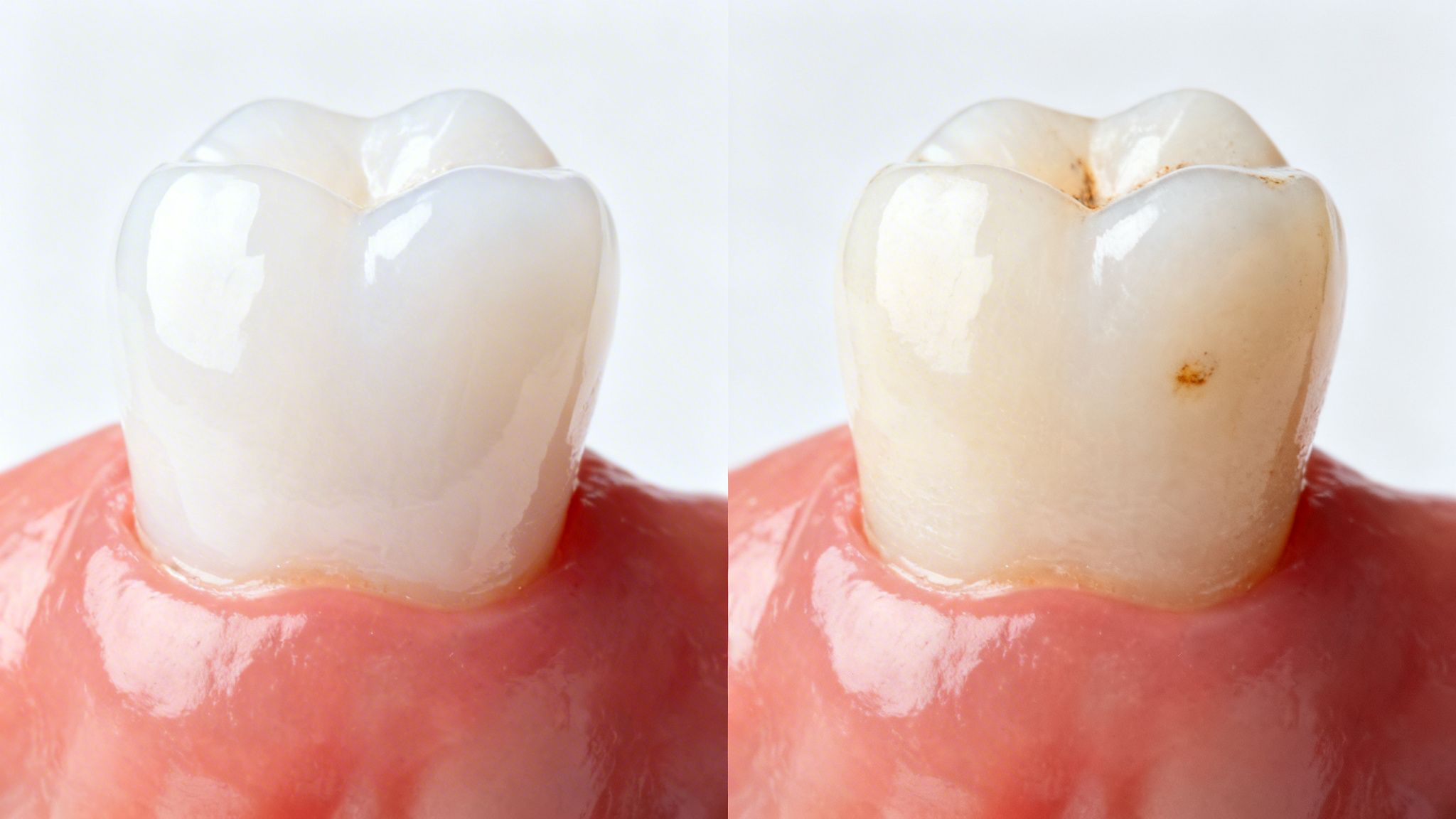 A side-by-side comparison of a clean tooth and a tooth showing signs of decay and discoloration.