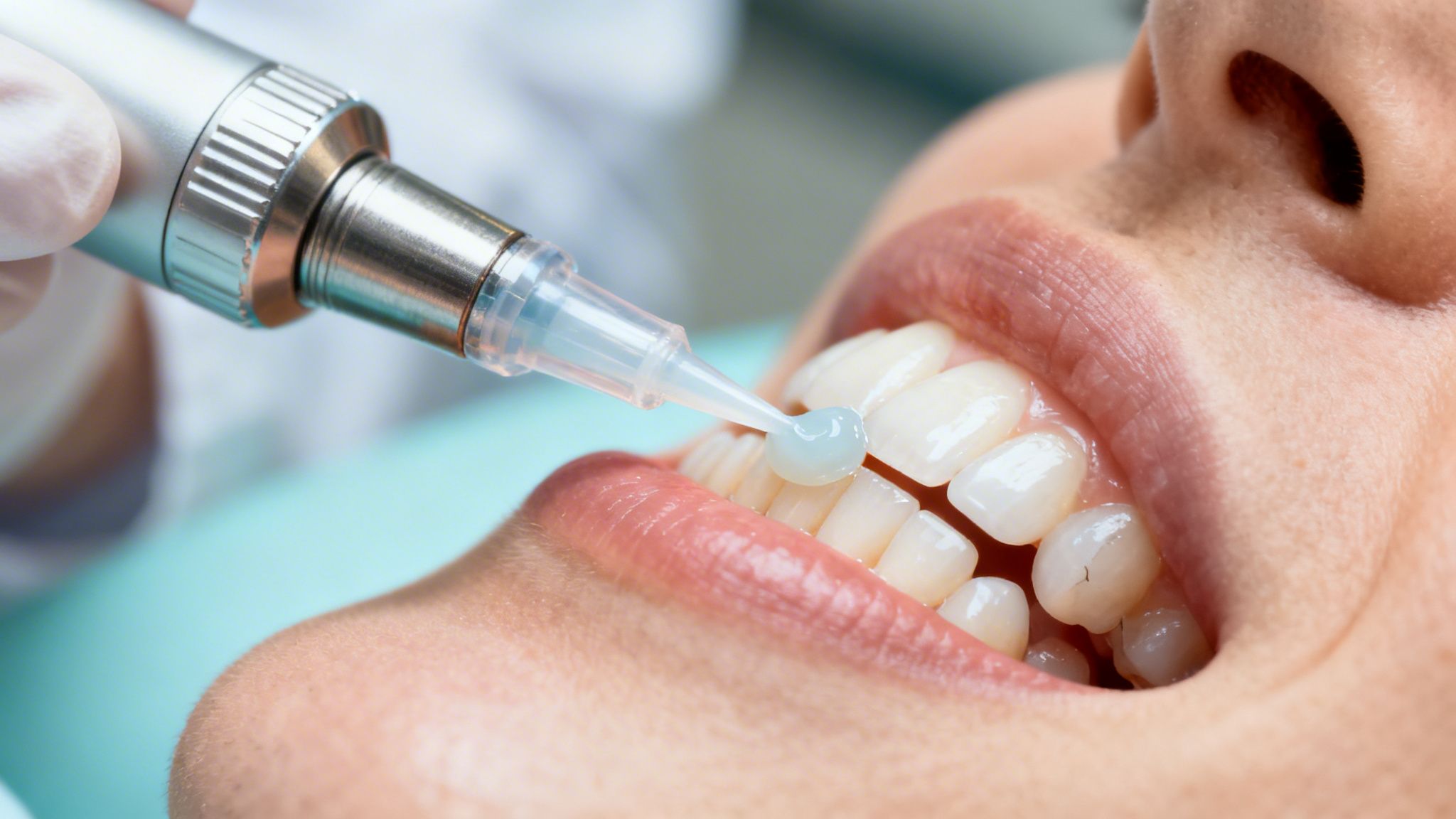 A dentist applying dental bonding material to a patient's tooth with a professional precision applicator tool.
